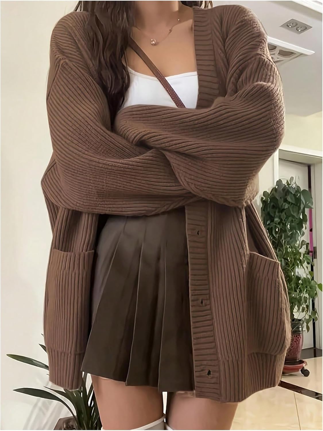 Verdusa Women's Button Down Cardigan V Neck Long Sleeve Drop Shoulder Loose Knitted Sweaters - Image 2