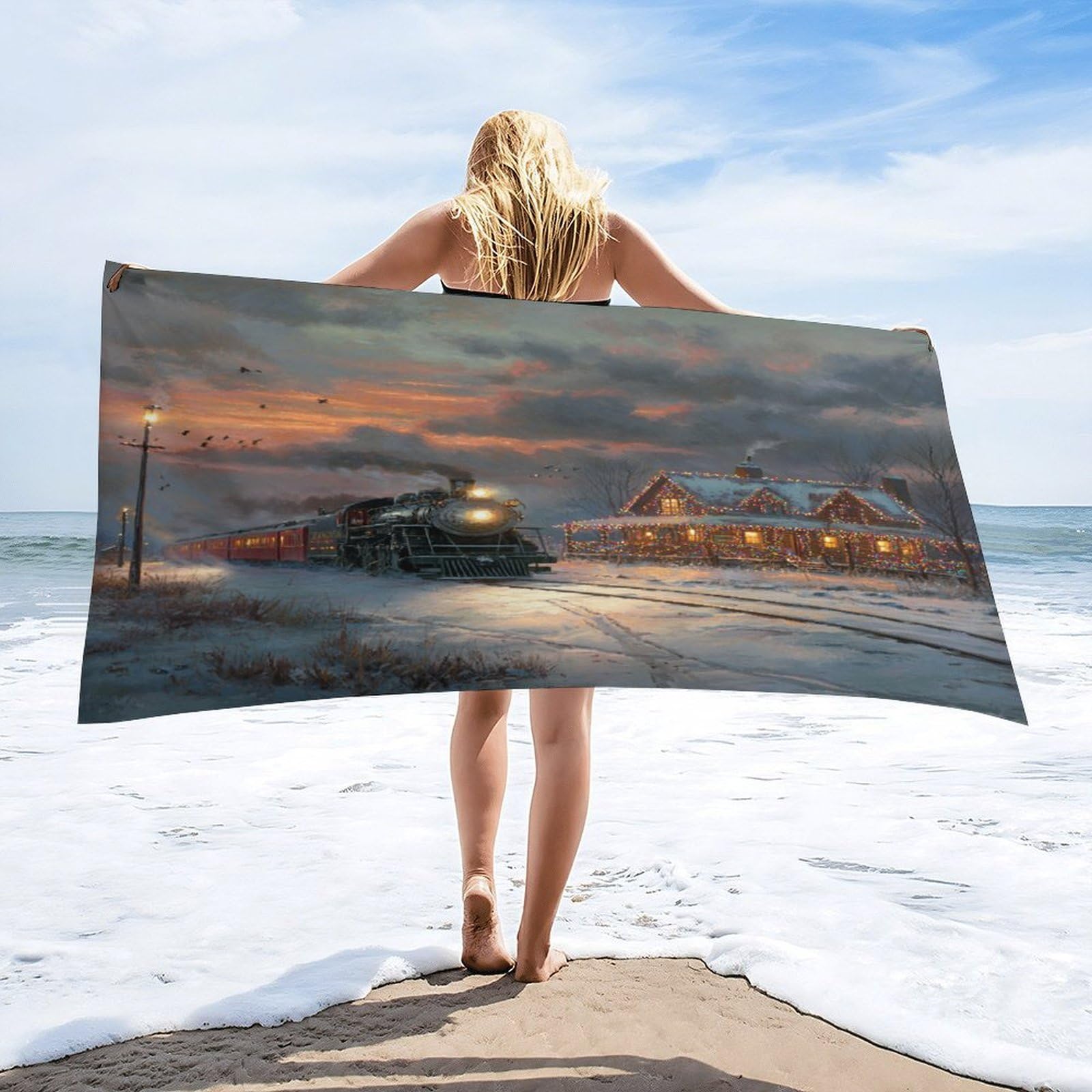 Luyysky Beautiful Realistic Antique Train Absorbent Beach Towel, Modern Classic Art Christmas Sunset Snowy Landscape Steam Train Outdoor Single-Sided Velvet Beach Towel-80 W Cm X 160" L Cm