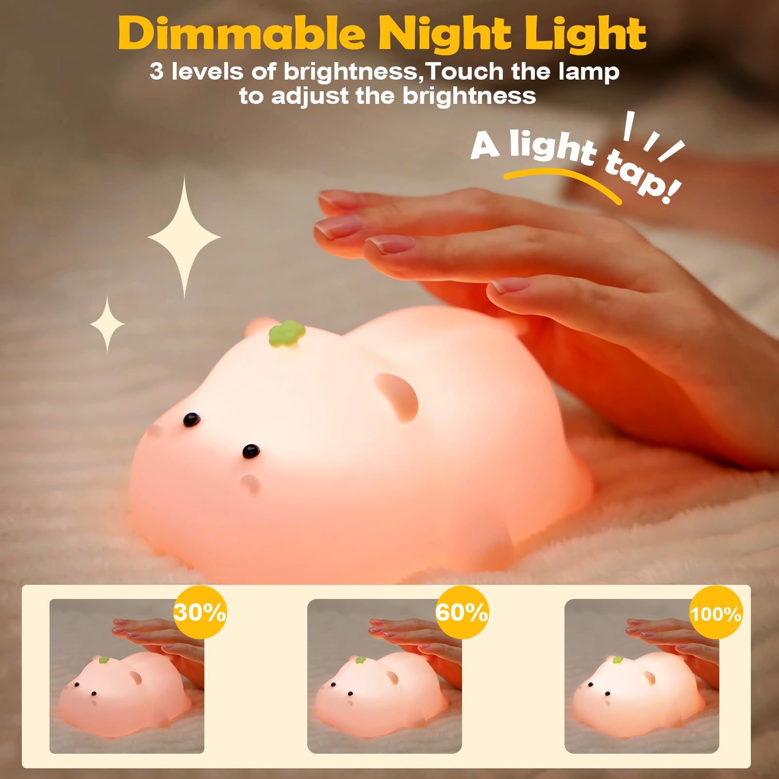 Auezona Luce Notturna Bambini, Silicone Luci Notturna Ippopotamo, Lampada Led Ricaricabile con Timer, 3 Modalità Lampada Touch, Lampada da Comodino Bambini, Regalo Neonato Bambini Ragazze