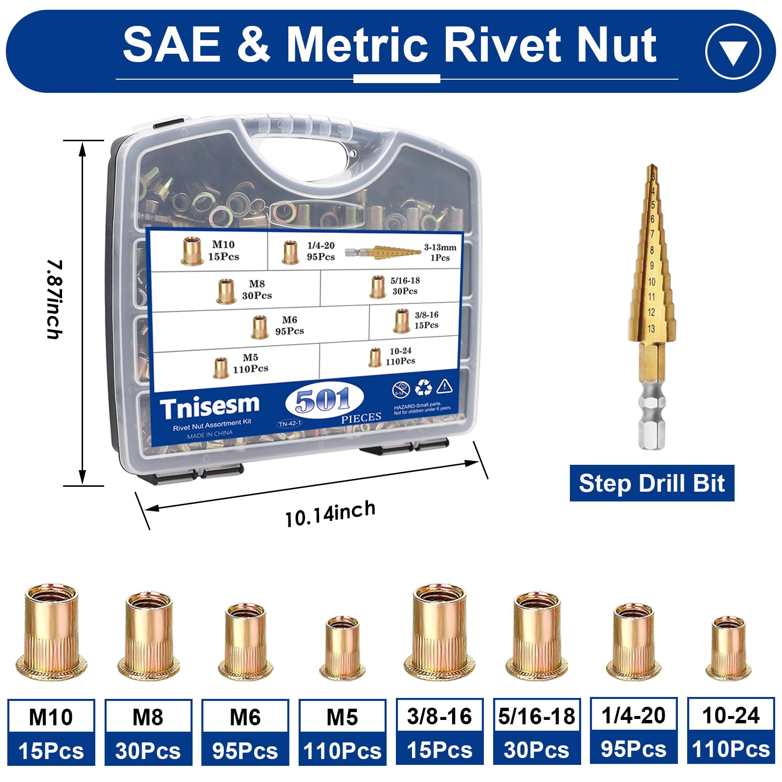 Tnisesm Rivet Nut Tool Kit,Rivnut Tool Kits,Professional Nutsert Tool Kit with 501Pcs Rivet Nuts Assortment Kit, Rivet Nut Tool Suitable for Furniture, Automotive,Industrial Applications