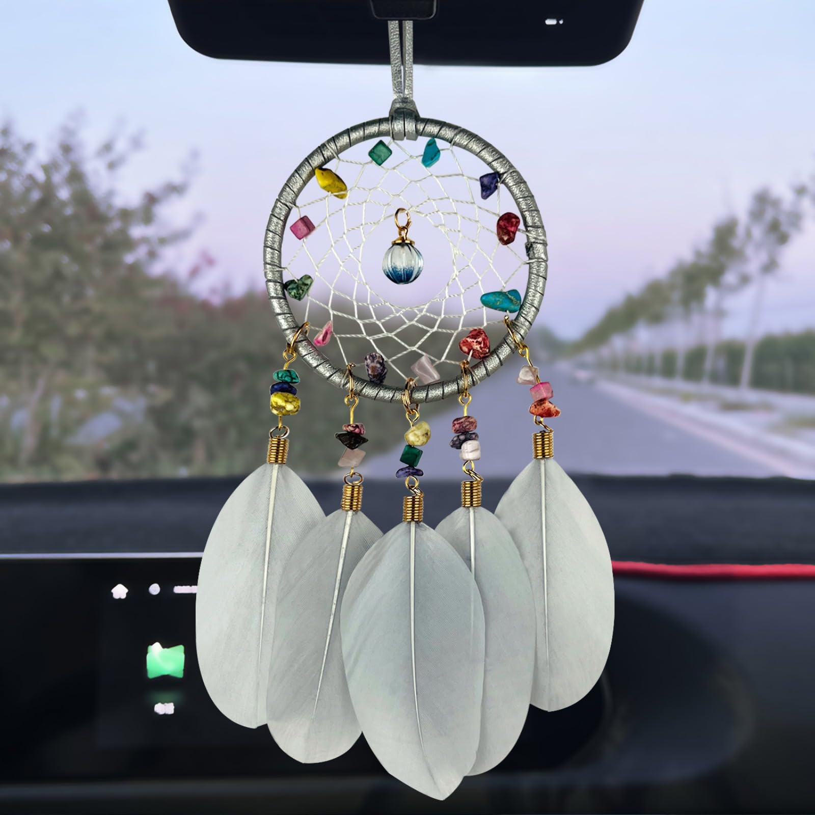 COWRC Women's car Interior Accessories, Woven Dream Catcher car Feather Pendants, Women's car Accessories Creative Interior Rearview Mirror Decorative Feather car Pendants (Gray)