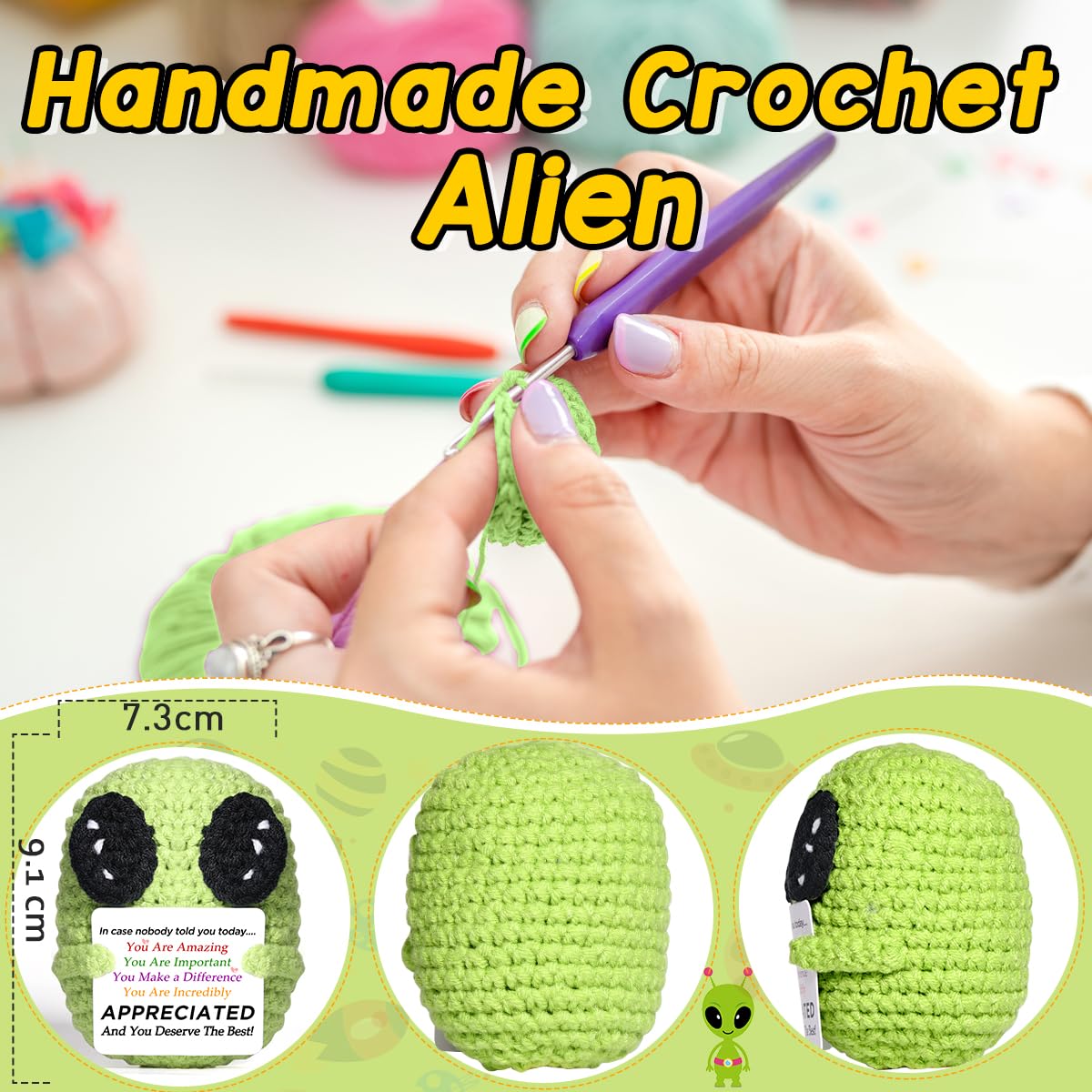AICase Mini Funny Alien Crochet Gifts,Birthday Gifts for Women Men Presents,Inspirational Small Animals Cute Stuff Things, Handmade Little Reminders Emotional Positive Crochet Nuggets Alien Decor