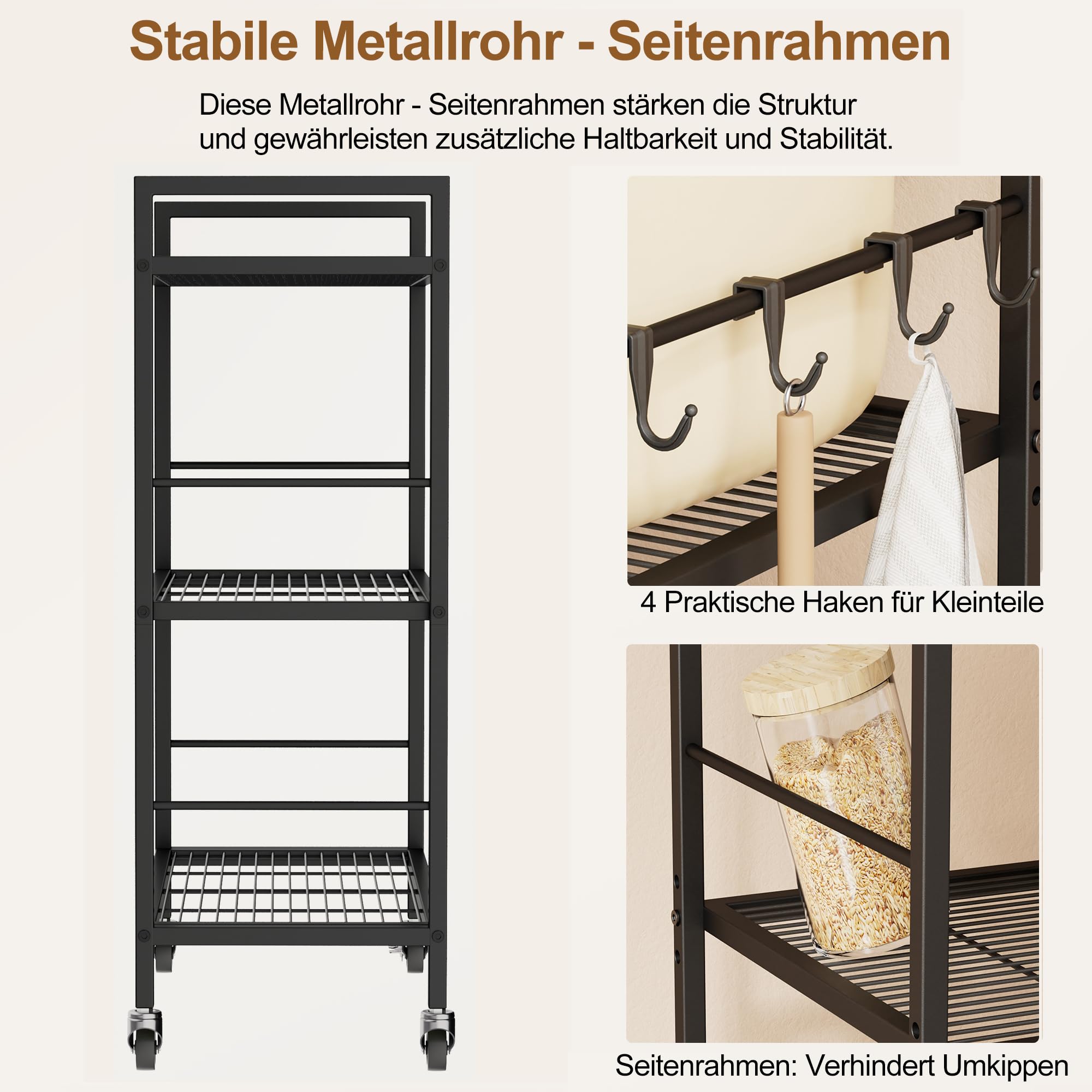 Küchenwagen, Mehrzweck Rollwagen Kuchenrollwagen mitjustierbaren Ablagen,Metallgestell & Industrial-Rollen,(schwarzes Gestell + braunes Panel, 3 Ebenen (40 x 60 x 84.7 cm))