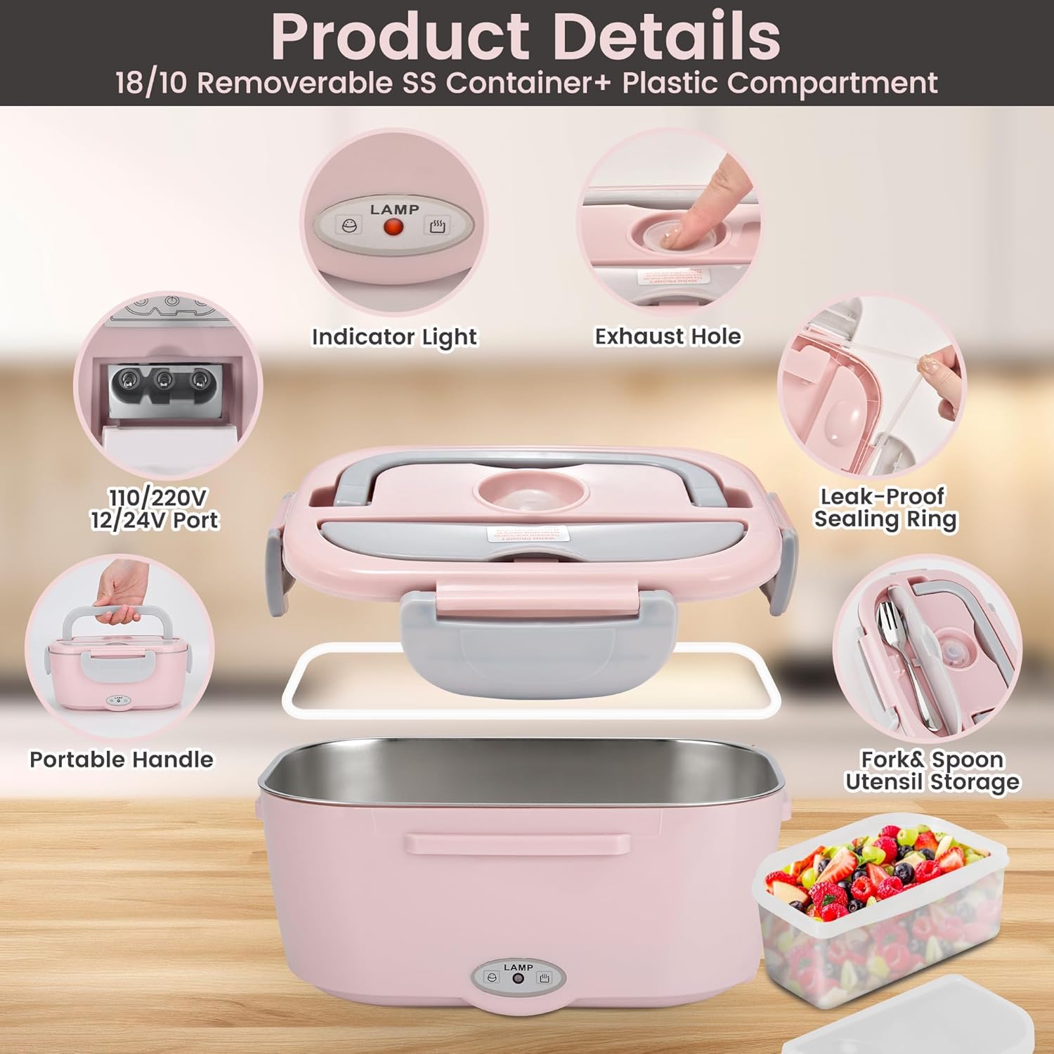 AOSION Electric Lunch Box for Adults, Heated Lunch Box 3-IN-1 80W Self Portable Food Warmer for Car/Truck/Office, Upgraded Lunch Box Leak-Proof Stainless Steel Container, Gifts for Women (Pink) - Image 5