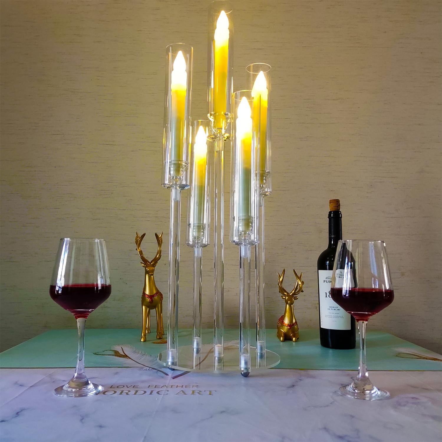 4pcs 5 Arm Acrylic Candelabra Centerpieces for Wedding,Clear Candlestick Holder Table Centerpieces for Party Birthday Dinner Event Fireplace Decortion Fit 0.87 led Candle