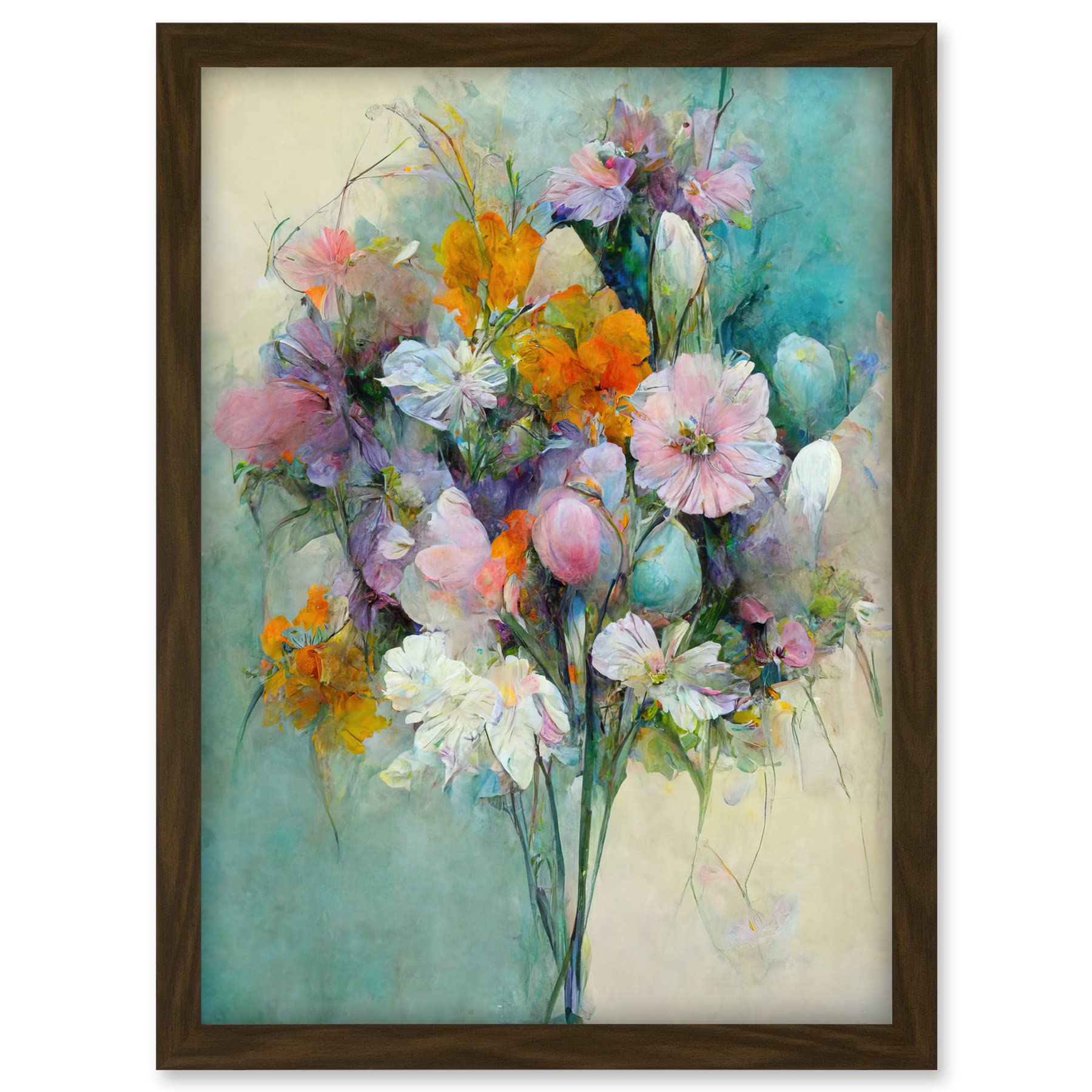 Doppelganger33 LTD Watercolour Pink Orange And Teal Spring Flower Bouquet Illustration Artwork Framed A3 Wall Art Print