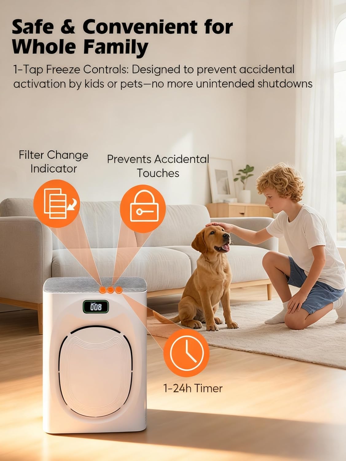 JVO Air Purifier for Pets Home - Covers 2400sq.ft Large Room, with Washable Filter & PM2.5 Display, Air Cleaner for Bedroom, Dorm, Office, Captures Pet Dander/Hair