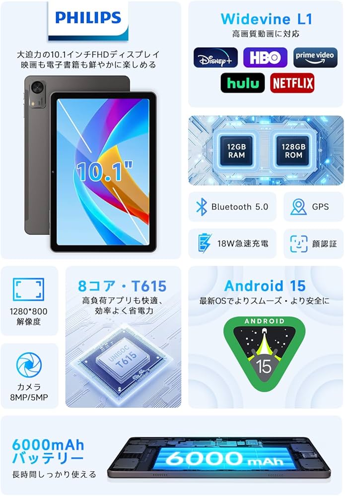 フィリップス タブレット Android15 wi-fiモデル Amazon.co.jp: PHILIPS Android15 タブレット 10インチ wi-fiモデル 8