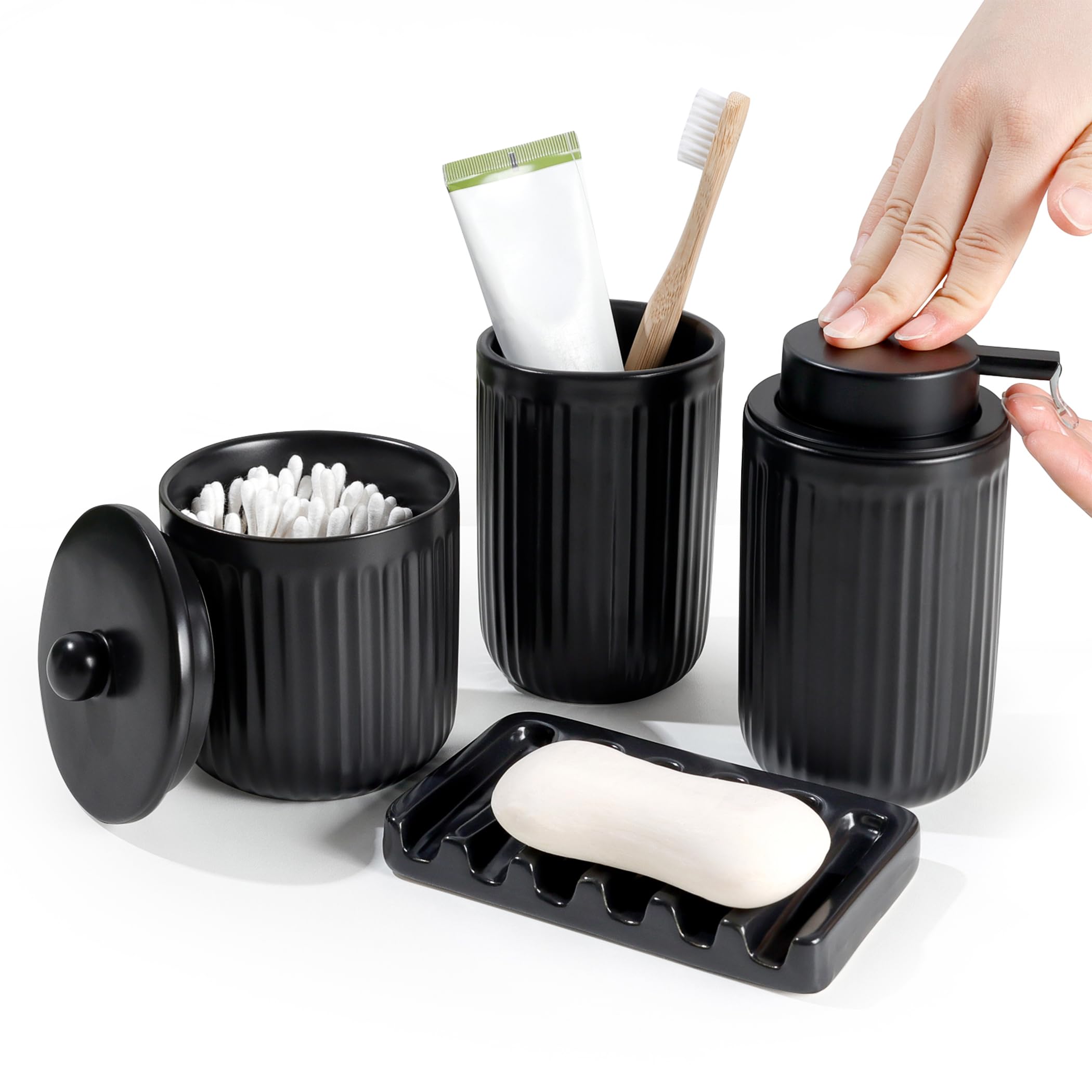 BosilunLife Striped Black Ceramic Bathroom Accessories Set of 4