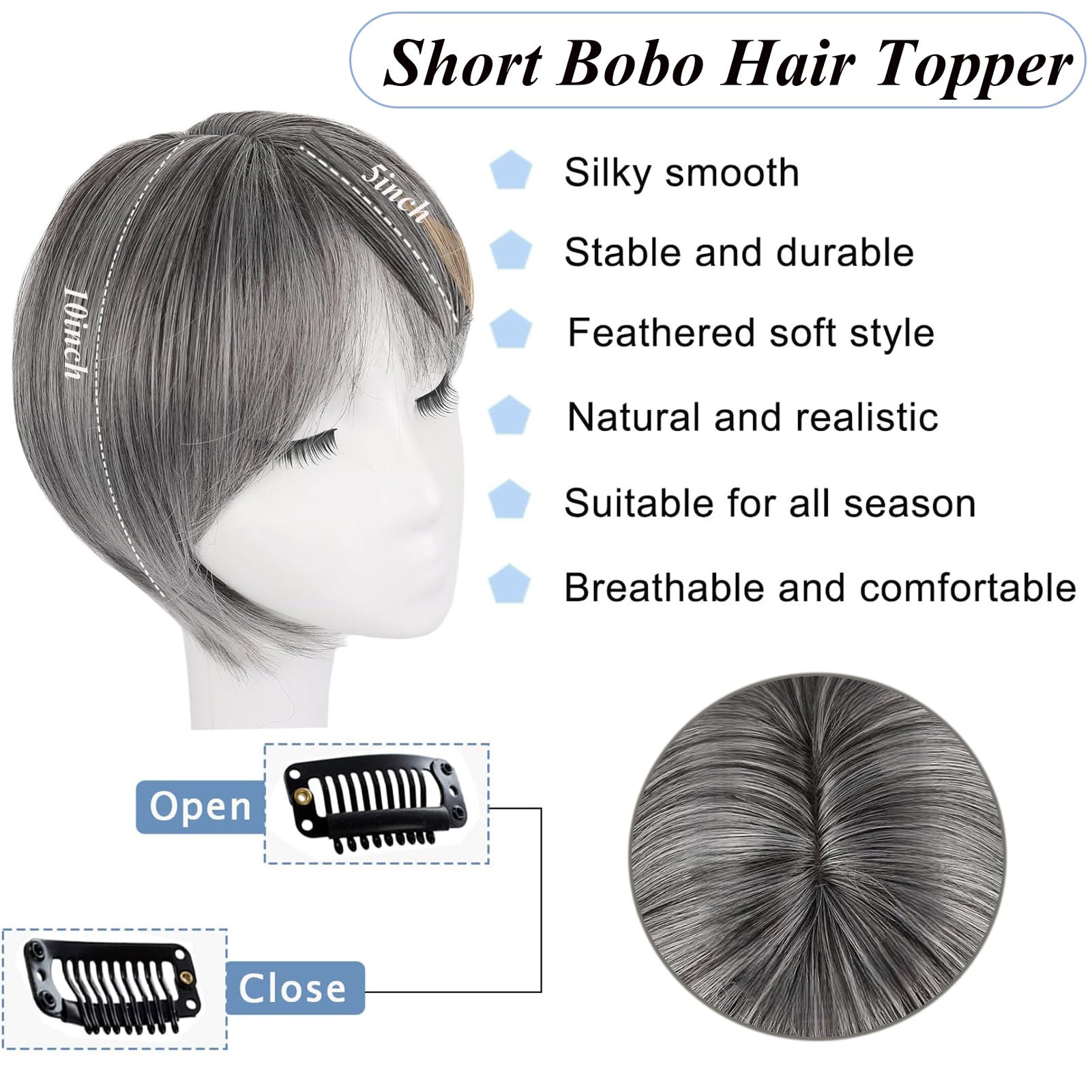 Hair Toppers Hair Short Bob Wig Topper 6.5x6.5 Inch Large Base Synthetic Hairpiece with Clip-in/Side Bangs Invisible Breathable Net 360°3D Coverage for Extra Volume (Dimgrey) - Image 2