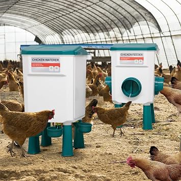 Chicken Feeder and Waterer Set, Chicken Coop Accessories with Hanging Chickens Poultry Feeder and Chicken Waterer Kit No Waste, 3 Gallon/26 Pounds, Blue