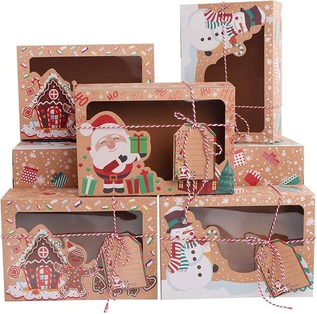 Sly Sippy 12pcs Christmas Cookie Boxes| Christmas Pastry Boxes| Oil Proof Christmas Cake Boxes with Clear Window and Tags| Large Kraft Cupcake Boxes, Christmas Eve Box, Sweets Gift Box, Gift Boxes