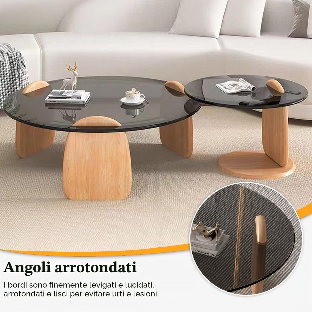 Tavolini da Salotto Legno E Vetro, Tavolini da Salotto Moderni Rotondi, Tavolino Rotondo Set Di 2 Per Soggiorno, Camera da Letto-Facile da Montare(Brown-B,80+50cm/31+20in)