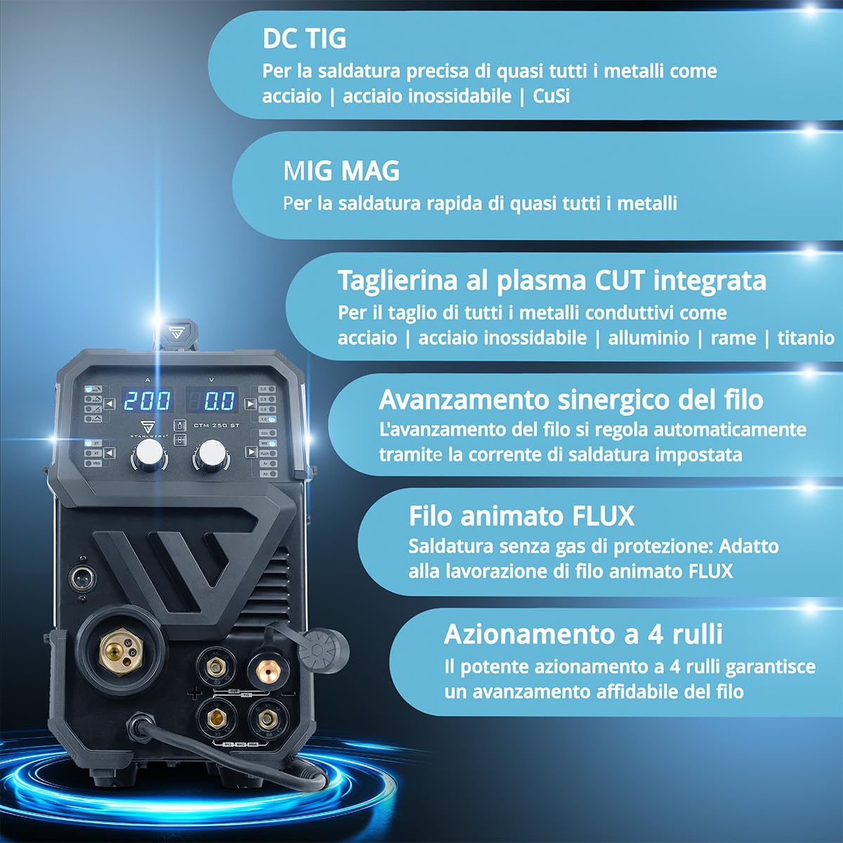 STAHLWERK Saldatrice combinata 4-in-1 CTM-250 ST – Set completo – TIG, MIG/MAG, MMA, FLUX fino a 200 A, CUT (Plasma) fino a 45 A, taglio fino a 14 mm, tecnologia IGBT