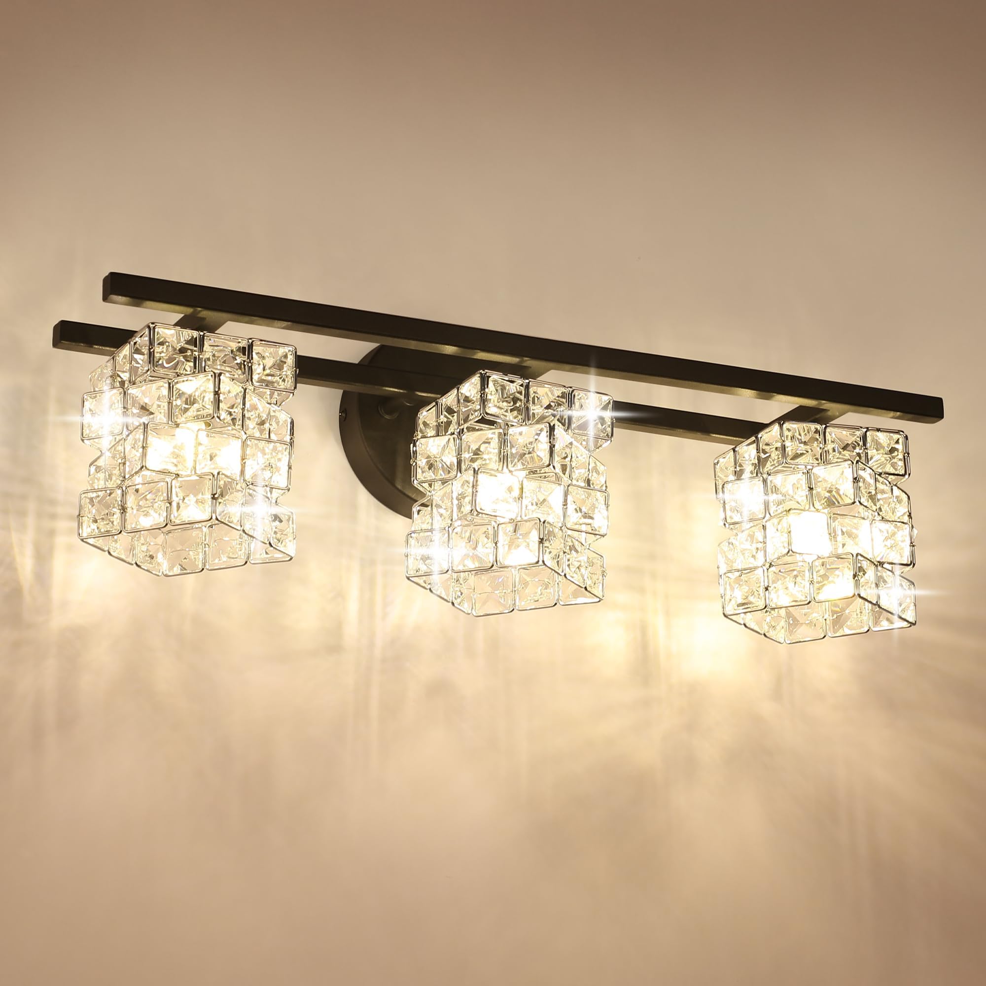 LOHAS 3 Light Black Crystal Bathroom Light Fixtures, Modern Crystal