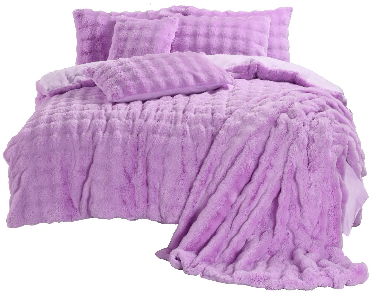 Chunky Ribbed Square Teddy Bear Duvet Cover Set – Super Soft Fluffy Sherpa Fleece Bedding with Pillowcases, Warm & Cosy Thermal Quilt Cover Winter Bedding Set (Lilac, Super King)