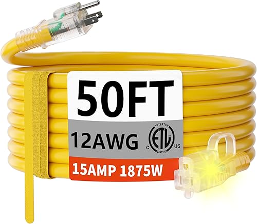 HUANCHAIN Cable de extensión para exteriores de 50 pies, calibre 123, resistente, impermeable con extremo iluminado, cable eléctrico de 3 puntas