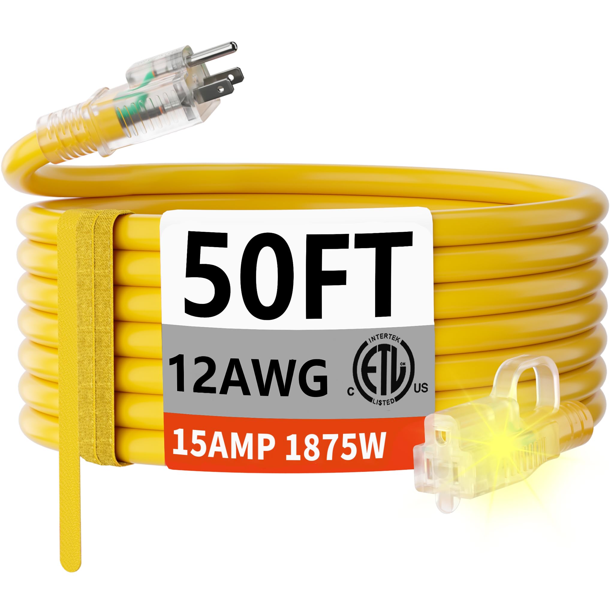 HUANCHAIN 50 FT 12/3 Gauge Heavy Duty Outdoor Extension Cord Waterproof with Lighted end, Flexible Cold-Resistant 3 Prong Electric Cord Outside, 15Amp 1875W 12AWG SJTW, Yellow, ETL