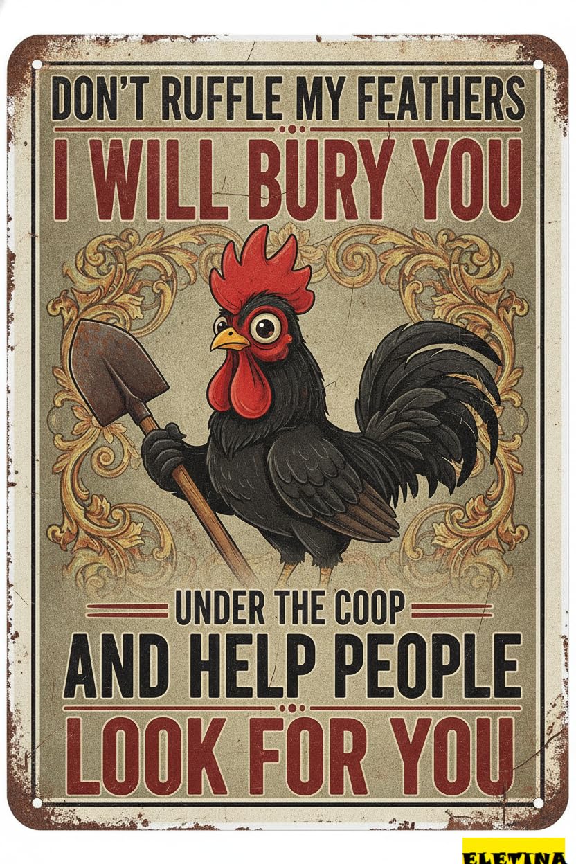 Personalized Sign for Man Cave Don't Ruffle My Feathers Rustic Chicken Gift Farmer, Funny Novelty Caution Farmhouse Fence House Wall 8x12 Inches Metal Private Property Decorative