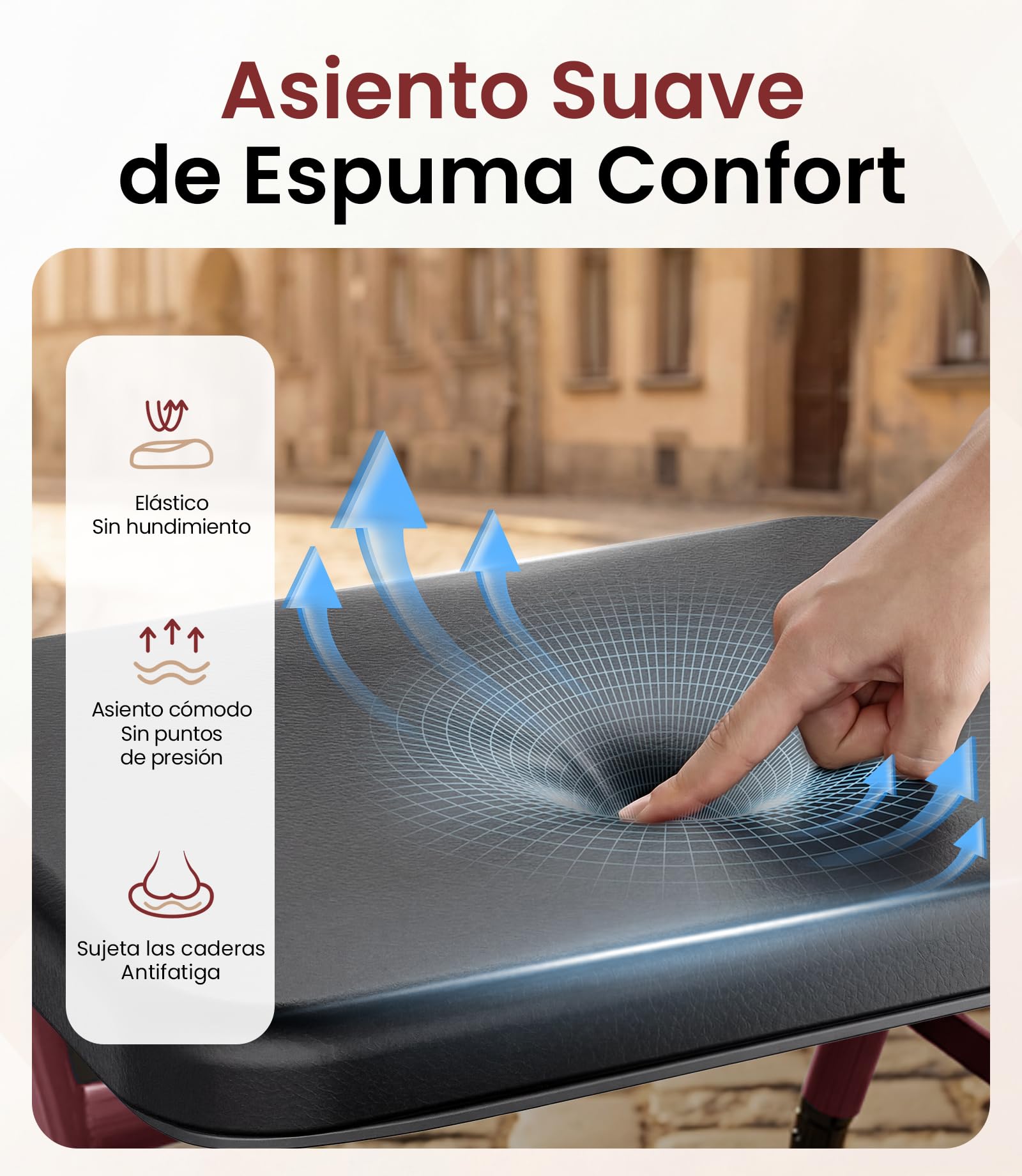 Andador para Ancianos con Asiento Plegable, Manillar y Asiento Regulables en Altura, Caminadores para Mayores, Ayuda para Caminar Ligera con Freno, Ruedas 8" Todoterreno, Rojo Oscuro