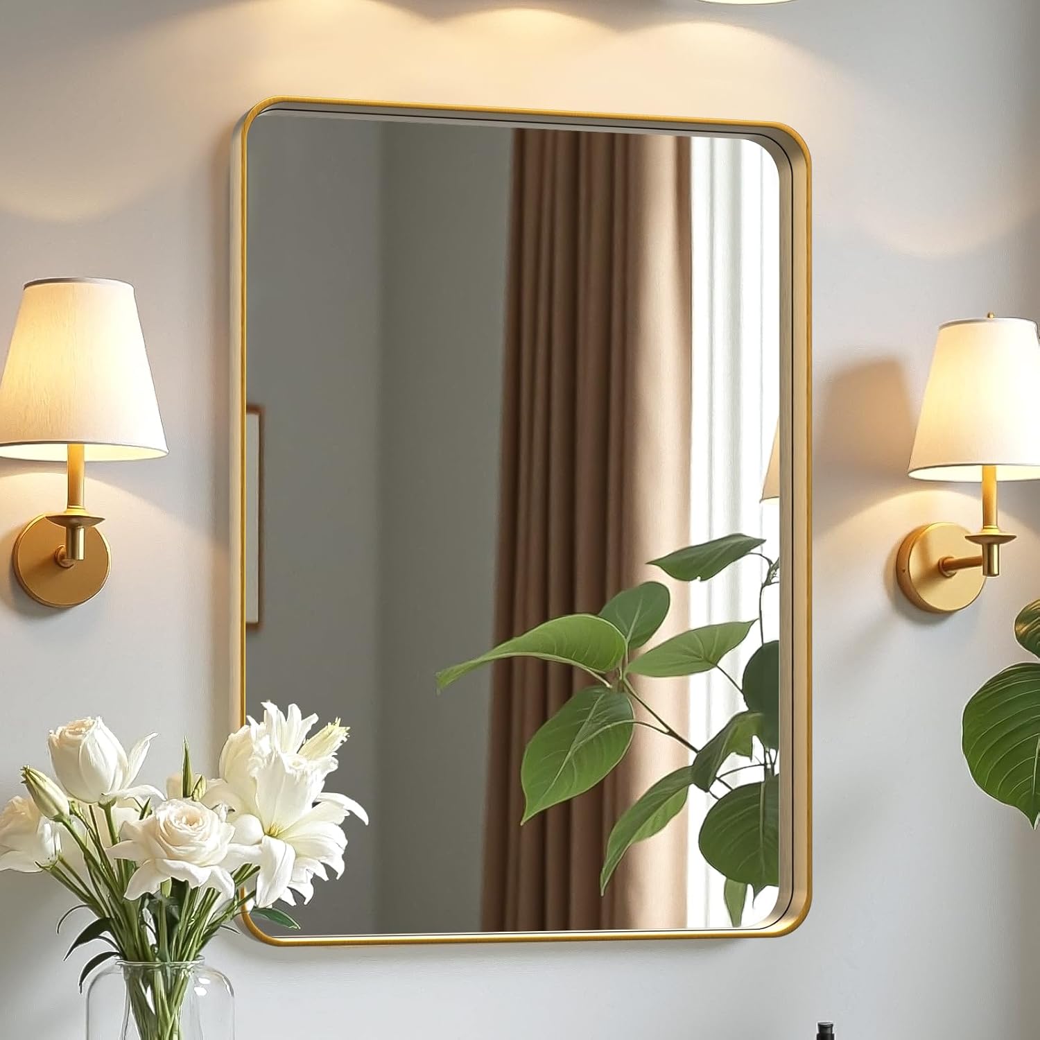 28x36 Inch Large Brushed Gold Bathroom Mirror, Premium Aluminum Anti-Rust Frame, HD Wall Mounted Decorative Mirror, Oversized Rectangle for Double Vanity and Master Suite