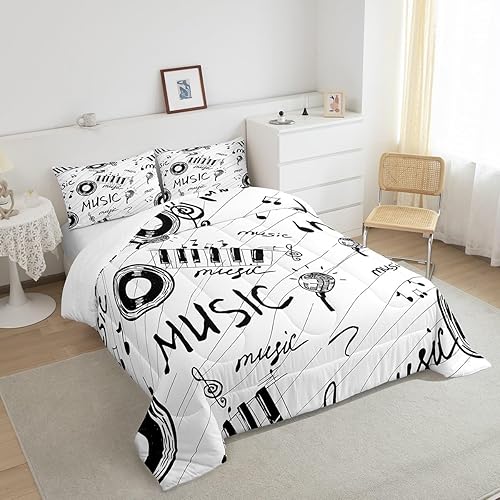 Miniatura 4 de Juego de edredón con temática musical, edredón de notas musicales en blanco y negro para niños y niñas, juego de ropa de cama musical retro,