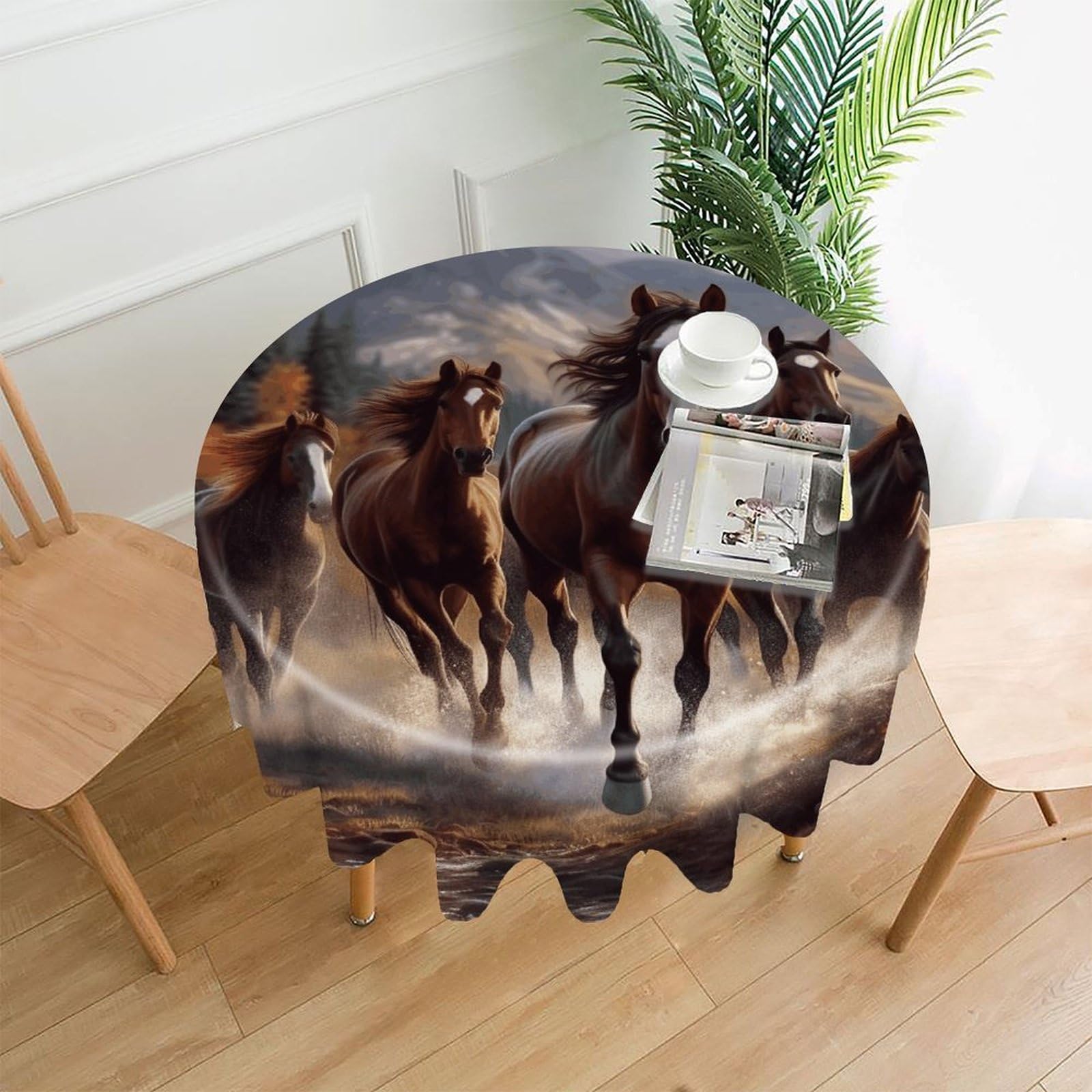 Horses Tablecloth Exquisite Wrinkle-Free Straight-Edge Round Table Cloth Anti-Fading Premium Polyester Tablecloth Waterproof Folding Table Cloths for Tables Decor