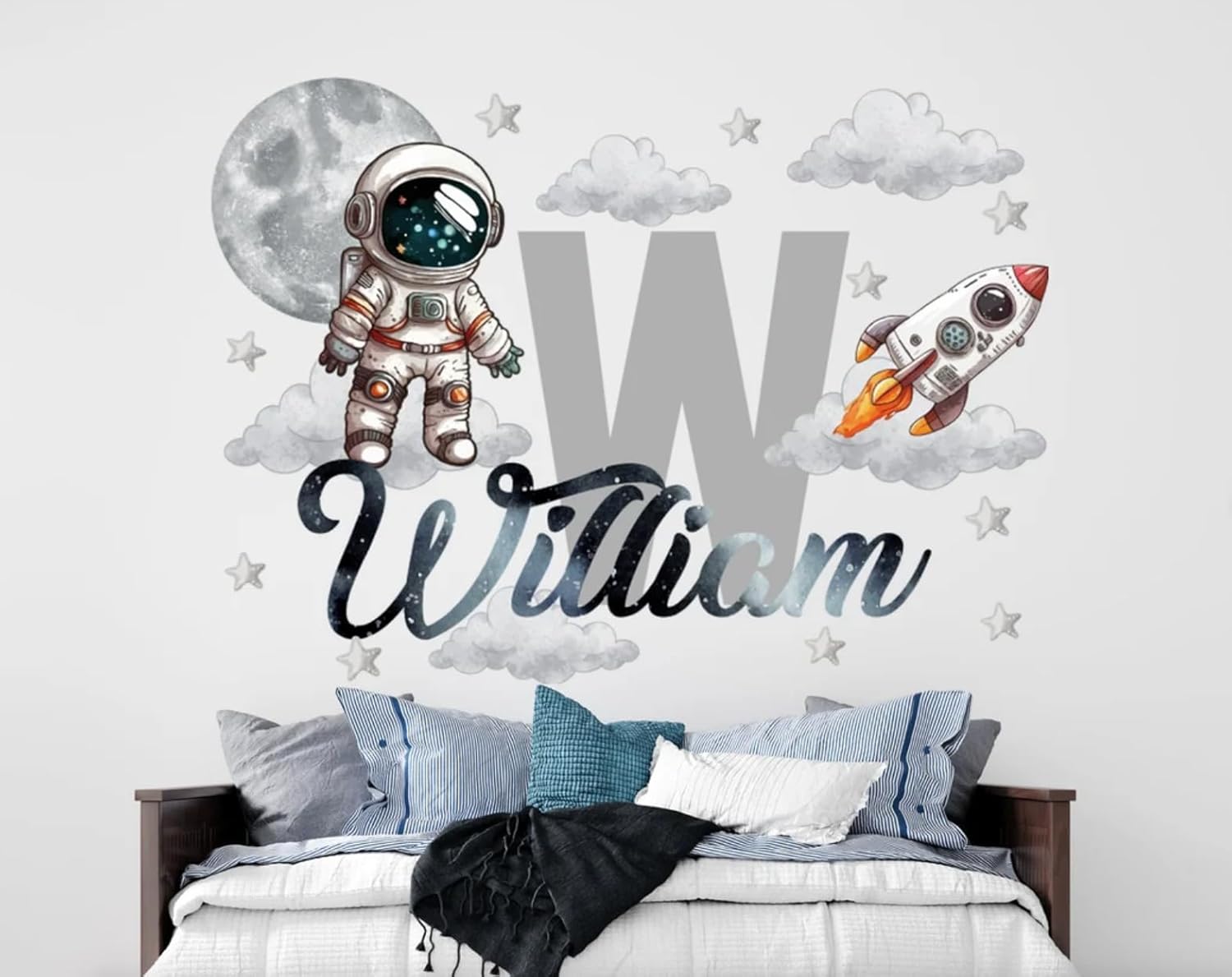 Astronaut Boy Name Wall Decal - Custom Name Vinyl Sticker for Kids Room Decor - Space Themed Nursery Room Decor - Rocket and Stars Wall Decal - Personalized Space Wall Art for Boys
