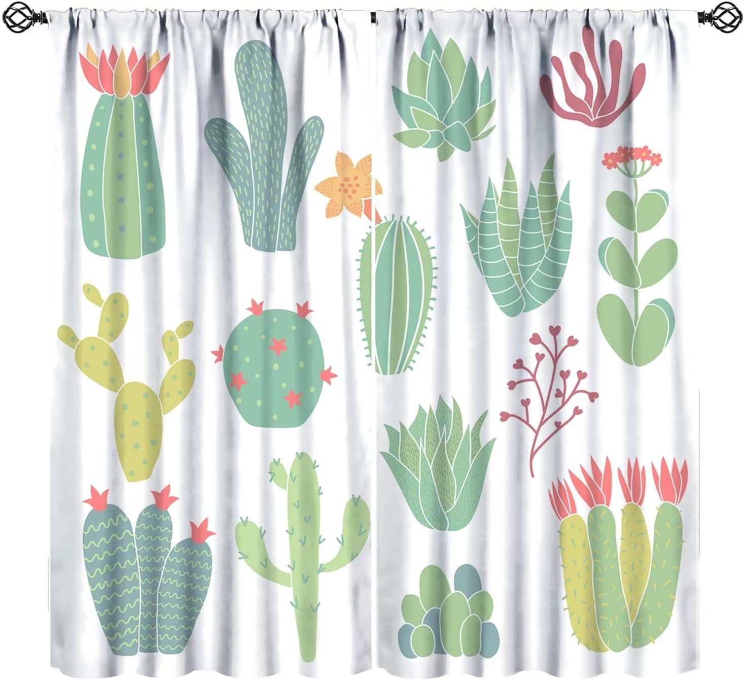 Cactus Window Curtains, Tropical Green Succulents Plant Window Treatments Kids Boys Girls Baby Bedroom Curtain, Watercolor Style Home Decor Blackout Drapes W52xL84in