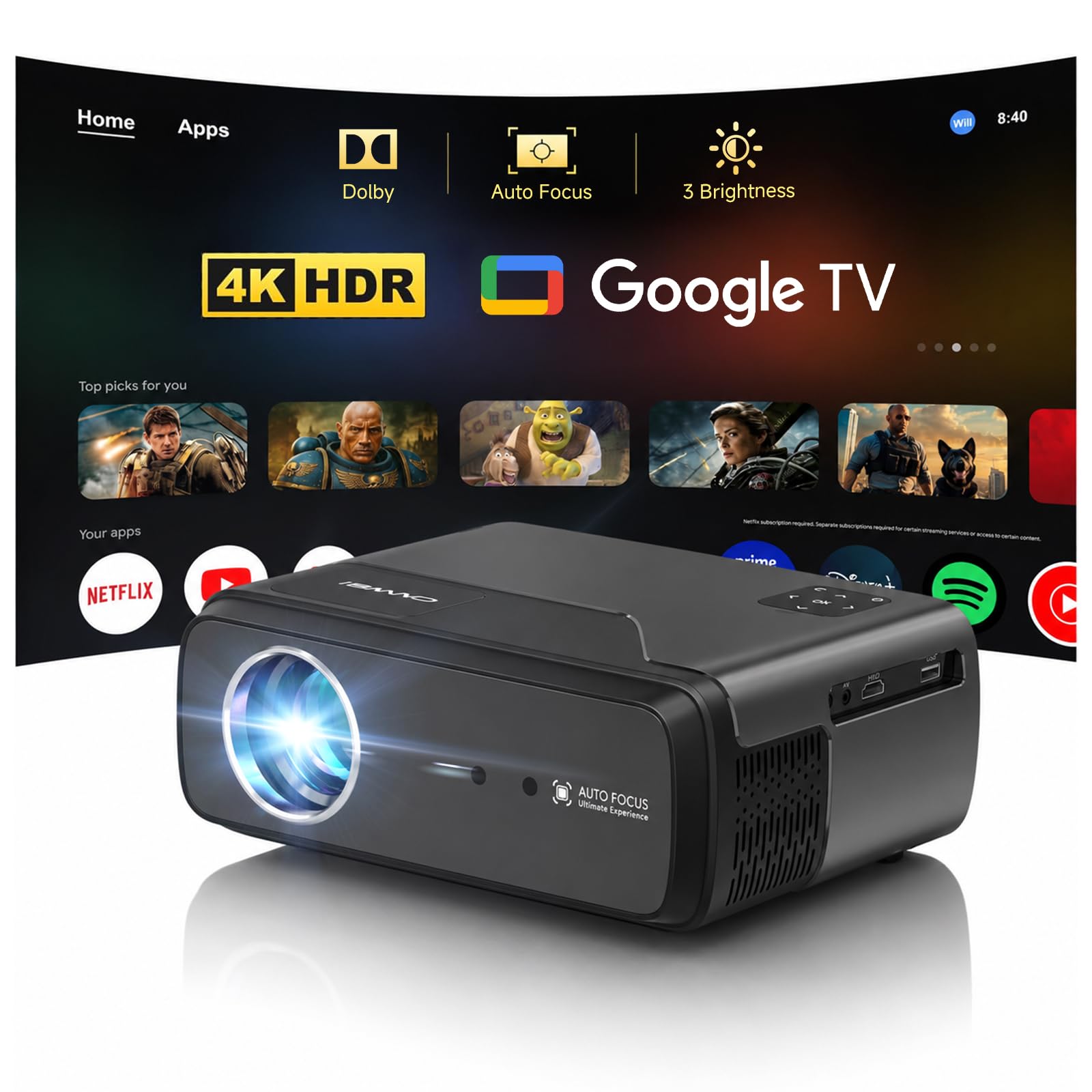 Portable Outdoor Projector 4K [Google TV WiFi6 Bluetooth], Native 1080P 4K HDR Smart Projector with Apps, Dolby Audio, Google Voice Control, Autofocus, HDMI 2.1 ARC-picture-25