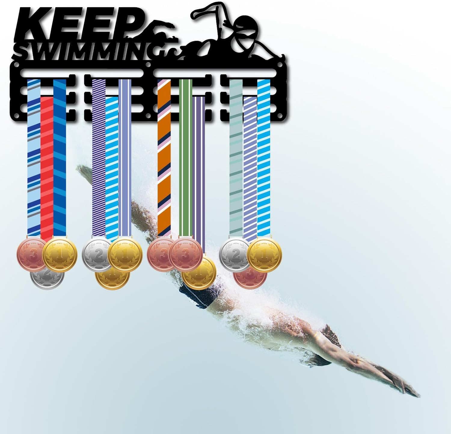 CREATCABIN Keep Swimming Medal Holder Hanger Medals Display Rack Black Metal Small Shelf Medal Plaques Hanger Organizer Medal Frame Wall Mounted Hanging Over 40 Medals for Lanyard Ribbon 11.4x5Inch