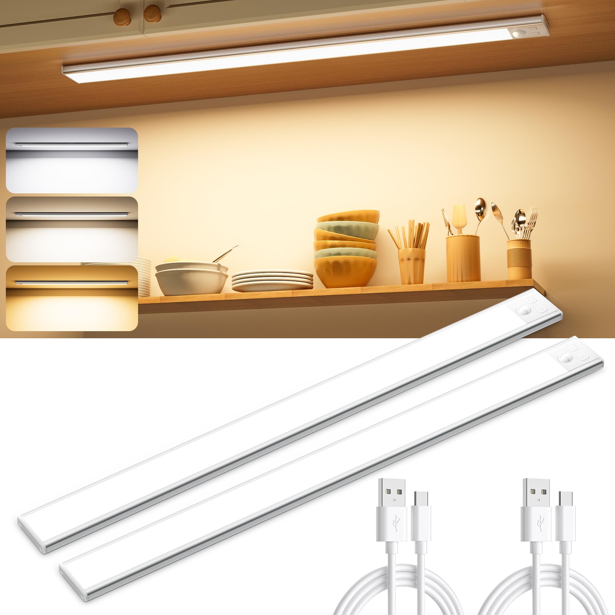 Ylatoial Silver Under Cupboard Kitchen Lights, 2 Pack 41Cm 3 Color Temperature Dimmable 2800Mah Rechargeable Magnetic Led Motion Sensor Lights Indoor For Cabinet