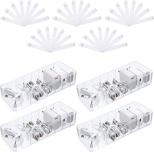 Miniatura 1 de Paquete de 4 cajas organizadoras de cables de plástico con 40 lazos de alambre, compartimentos ajustables transparentes para almacenamiento de