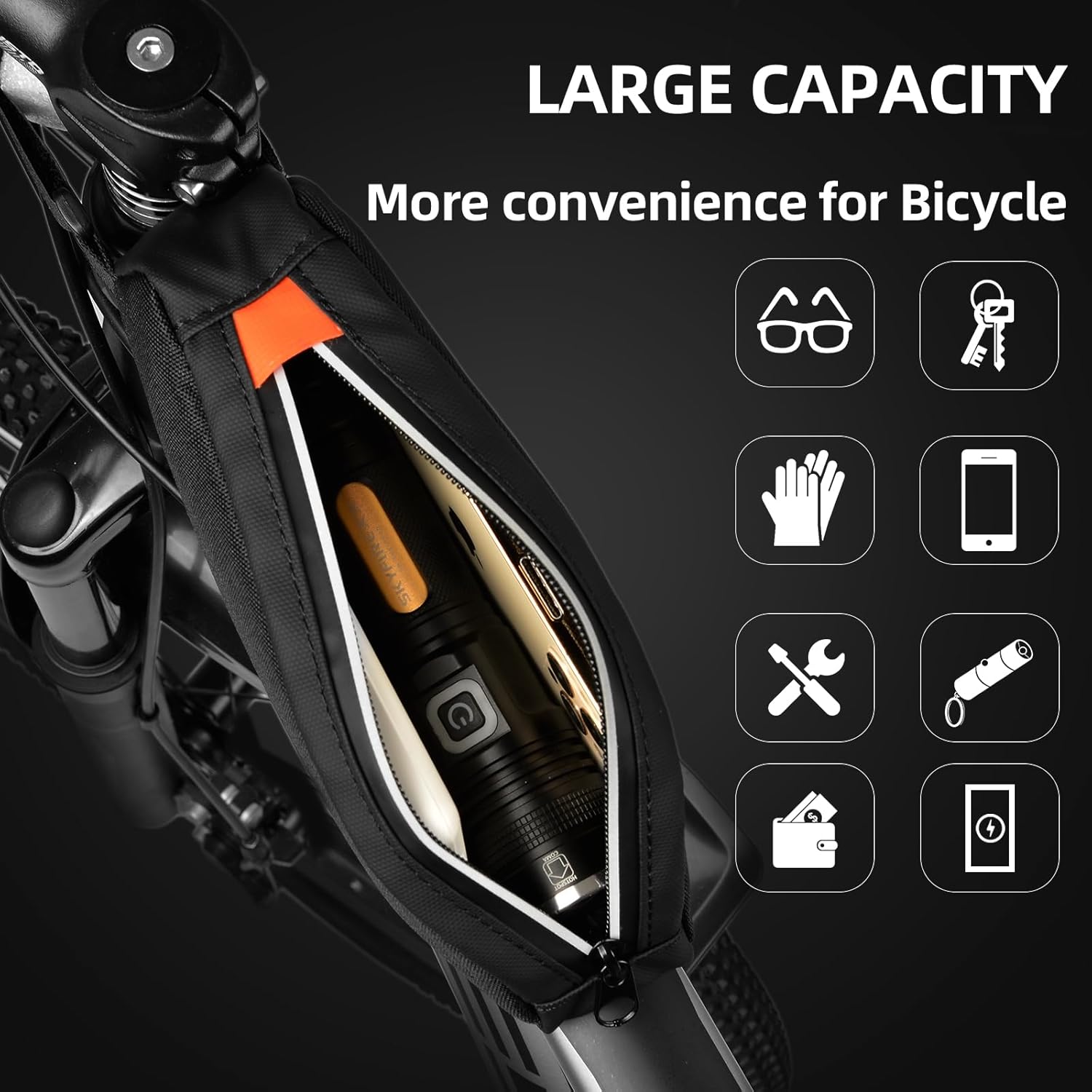 Bike Top Tube Bag Waterproof Bicycle Front Frame Bag Top Tube Bike Pouch for Road Mountain Bicycle Outdoor Cycling Travel Hiking