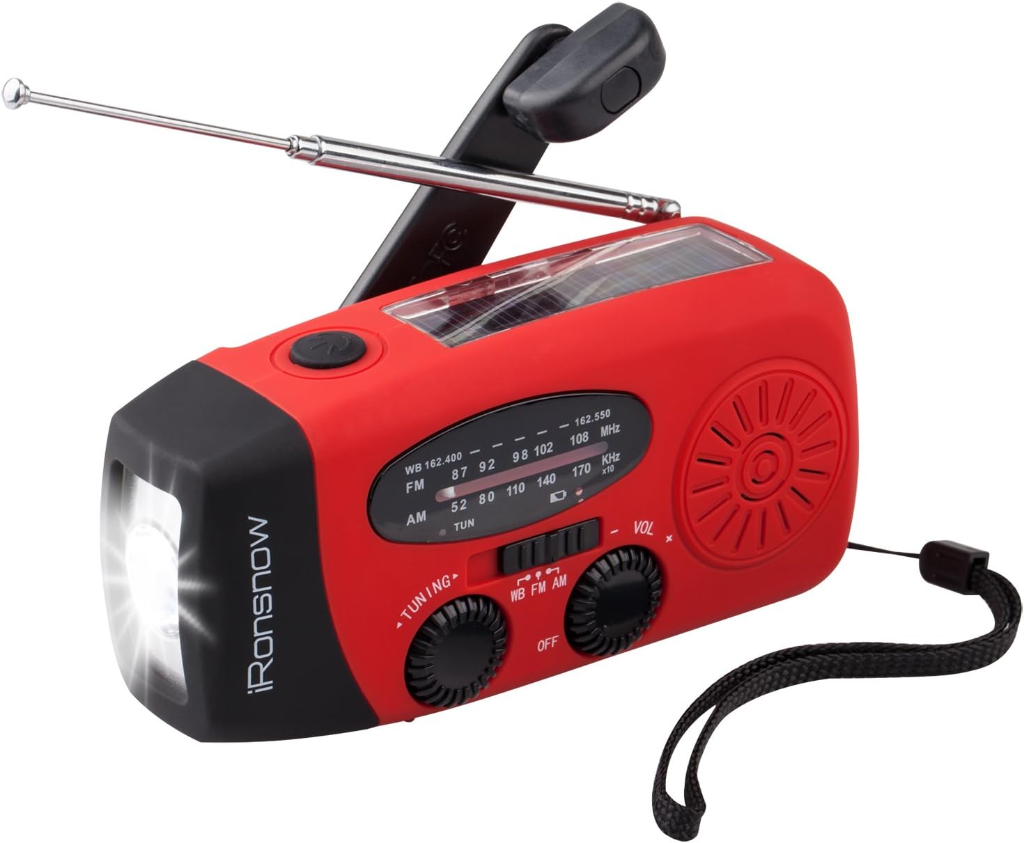 iRonsnow Upgraded Version IS-088U+ Dynamo Solar Hand Crank Self Powered AM/FM/NOAA Weather Radio with LED Flashlight and 1000mAh Emergency Power Bank (Red)