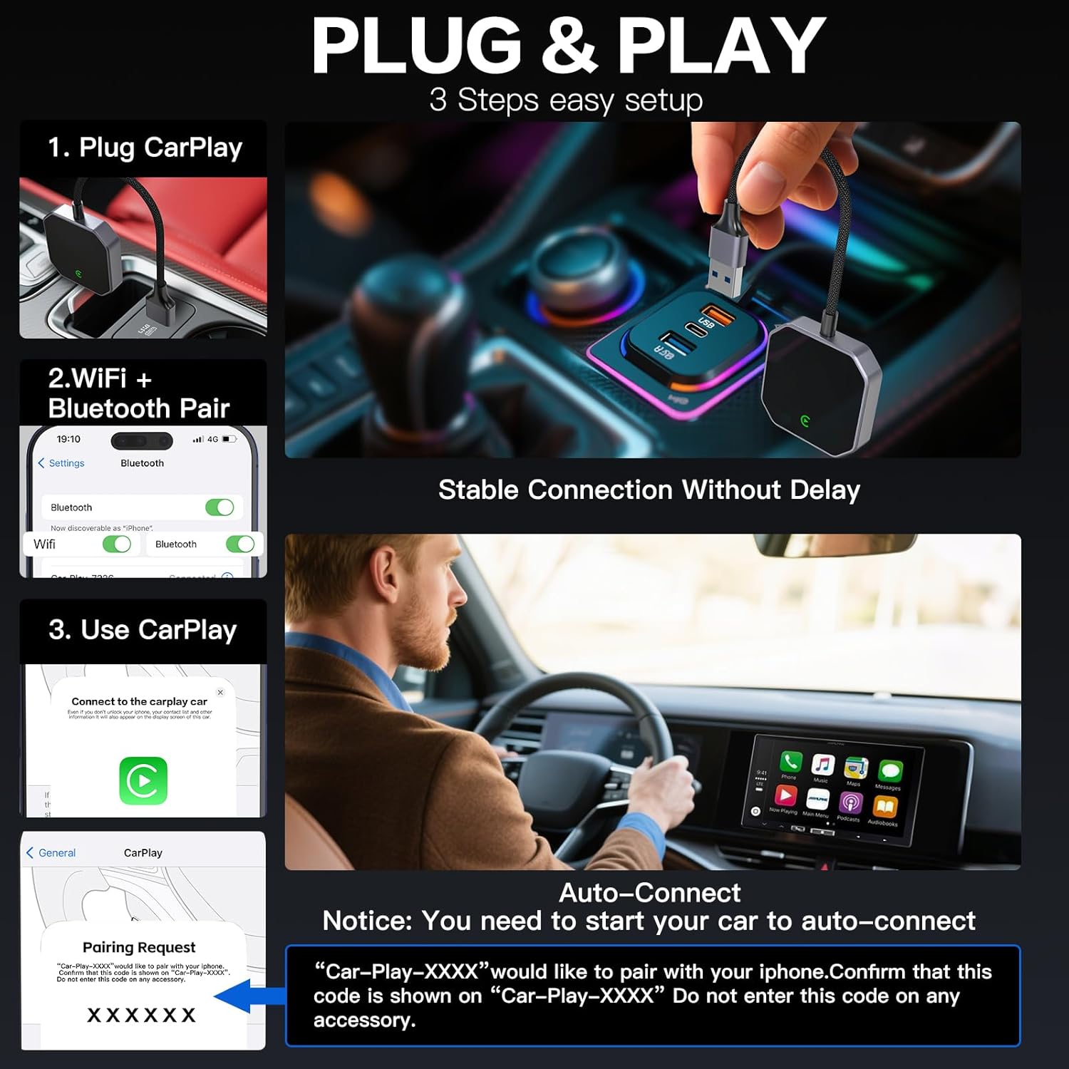Wireless CarPlay Adapter for Apple iPhone [2025 Upgraded] - Convert Wired to Wireless CarPlay, Plug & Play, No Latency, Compatible with iOS 10+ & Cars with Built-in CarPlay - Image 5
