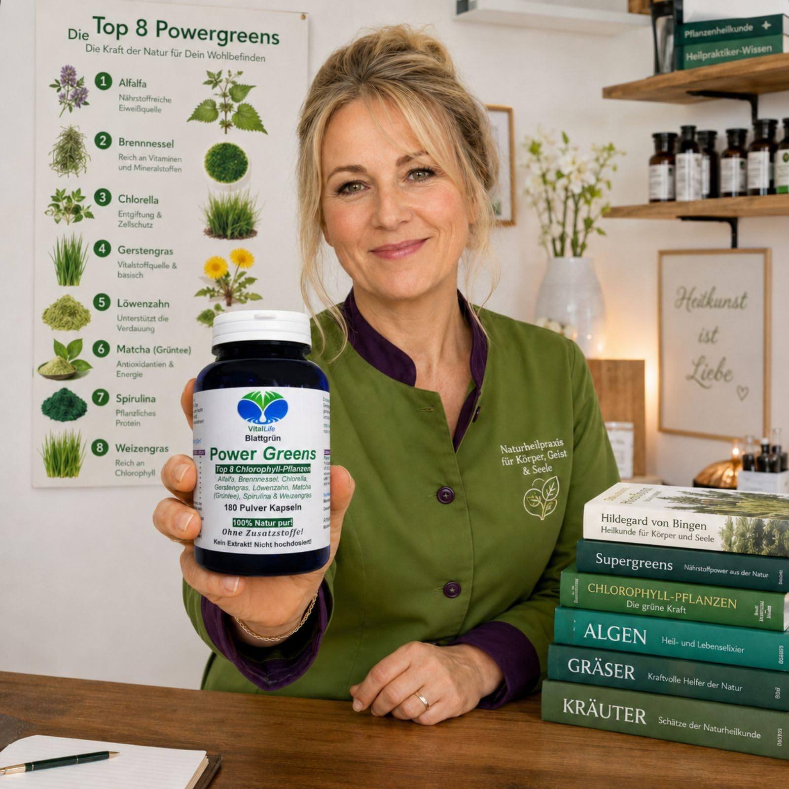 Green Power Greens Top8 Chlorophyll Supergreens 180 Pulver Kapseln mit Alfalfa Brennnessel Chlorella Gerstengras Löwenzahn Matcha Spirulina Weizengras. Natur pur. Ohne Zusatzstoffe. 26332-180