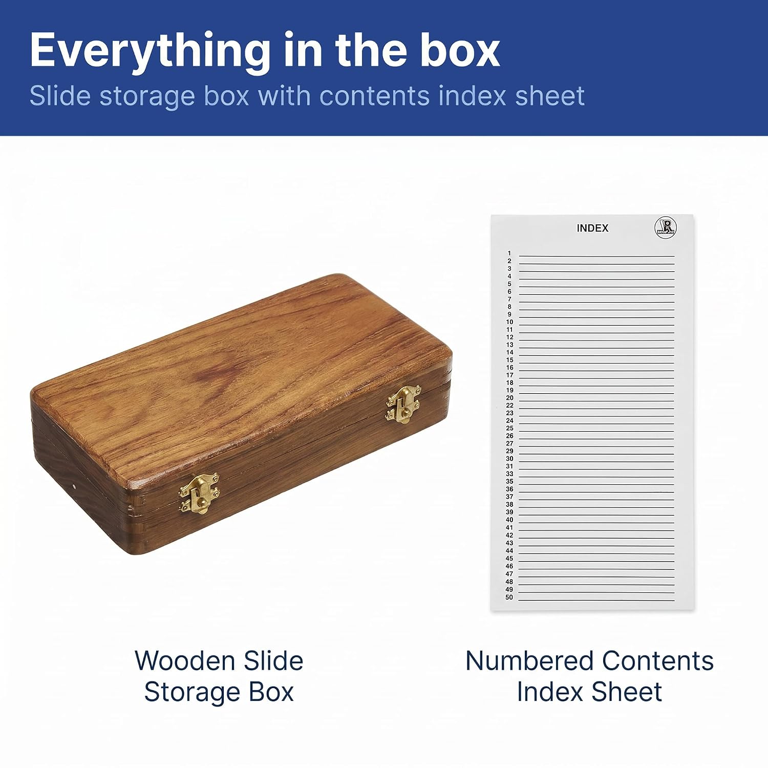 United Scientific™ Wooden Microscope Slide Box, 50 Slots with Hinged Lid | Numbered slots, Secure clasp closure, Fits 25x75mm slides, Natural wood construction, Includes contents sheet