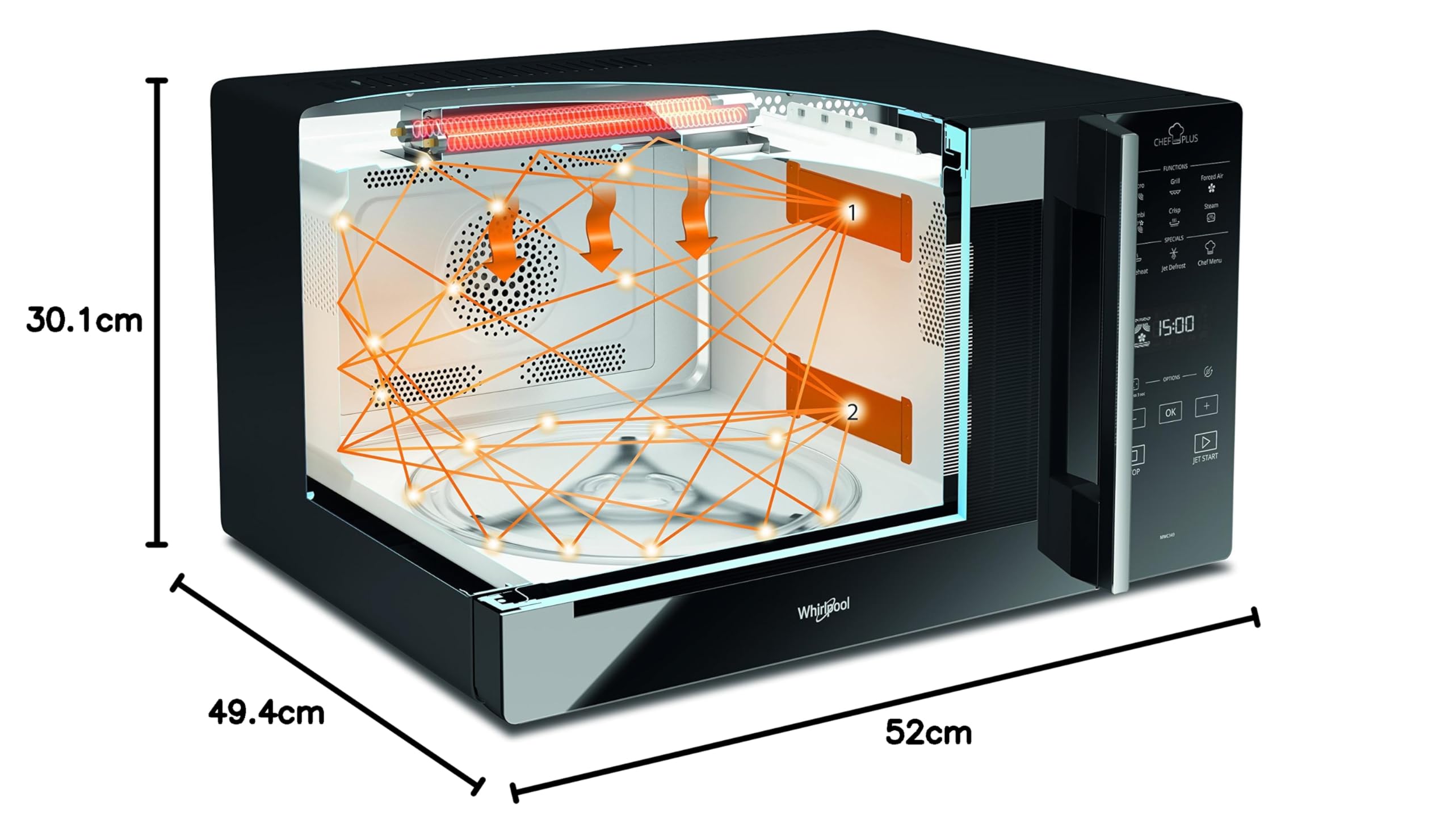 Whirlpool MCP 349 BL Chef Plus Microonde termoventilato combinato, con griglia alta, griglia bassa, piatto Crisp + maniglia, 25 litri, Nero
