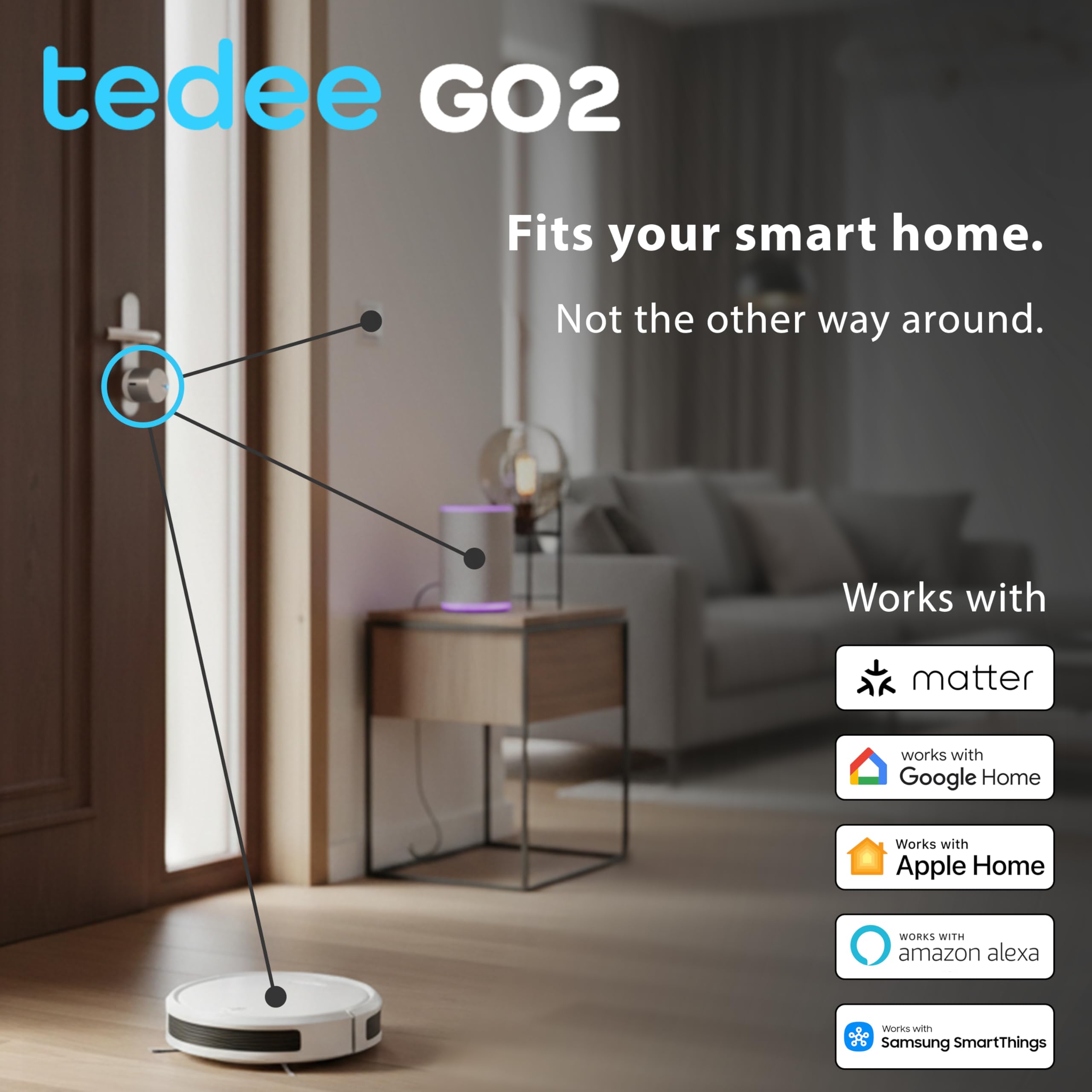Tedee GO2 Alu Cerradura Inteligente con WiFi, Bluetooth y Sensor de Puerta, Acceso Remoto y Notificaciones por App, Bloqueo Automático sin Llave | Alexa, Google Home, Apple HomeKit, SmartThings Matter