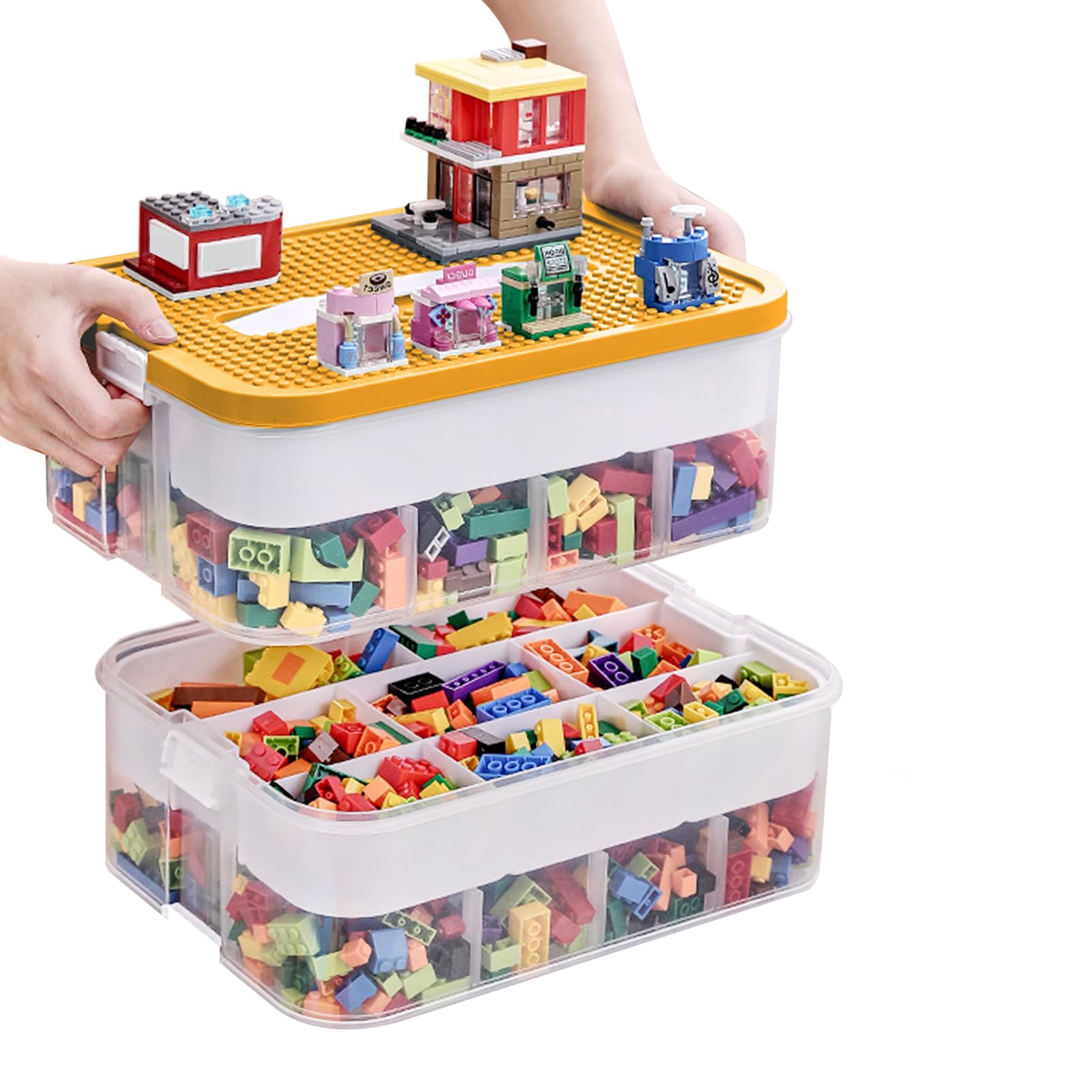 ZPONEED 2-Tier Organiser with Lids for Lego, Stackable Storage Box for Lego with Adjustable Compartments White Minimalist Design for Building Bricks Puzzle Board Craft