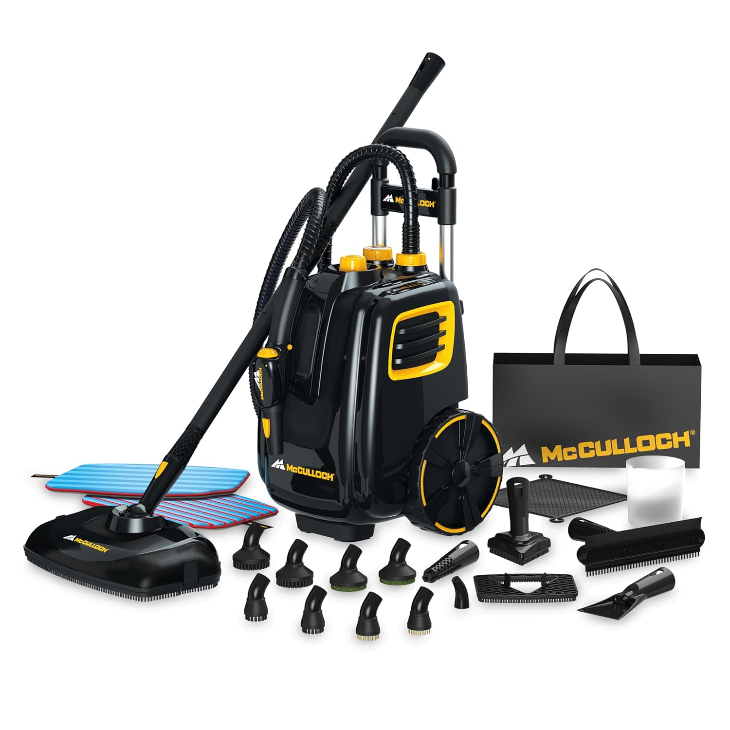 McCulloch MC1385 Deluxe Canister Steam Cleaner 2-Hour Runtime Chemical-Free 23 Accessories Mop Head Brushes More - Built for