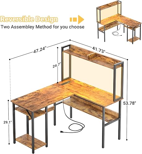 Miniatura 9 de Unikito Escritorio para juegos en forma de L con tira LED y tomas de corriente, escritorio reversible en forma de L con estantes de almacenamiento,