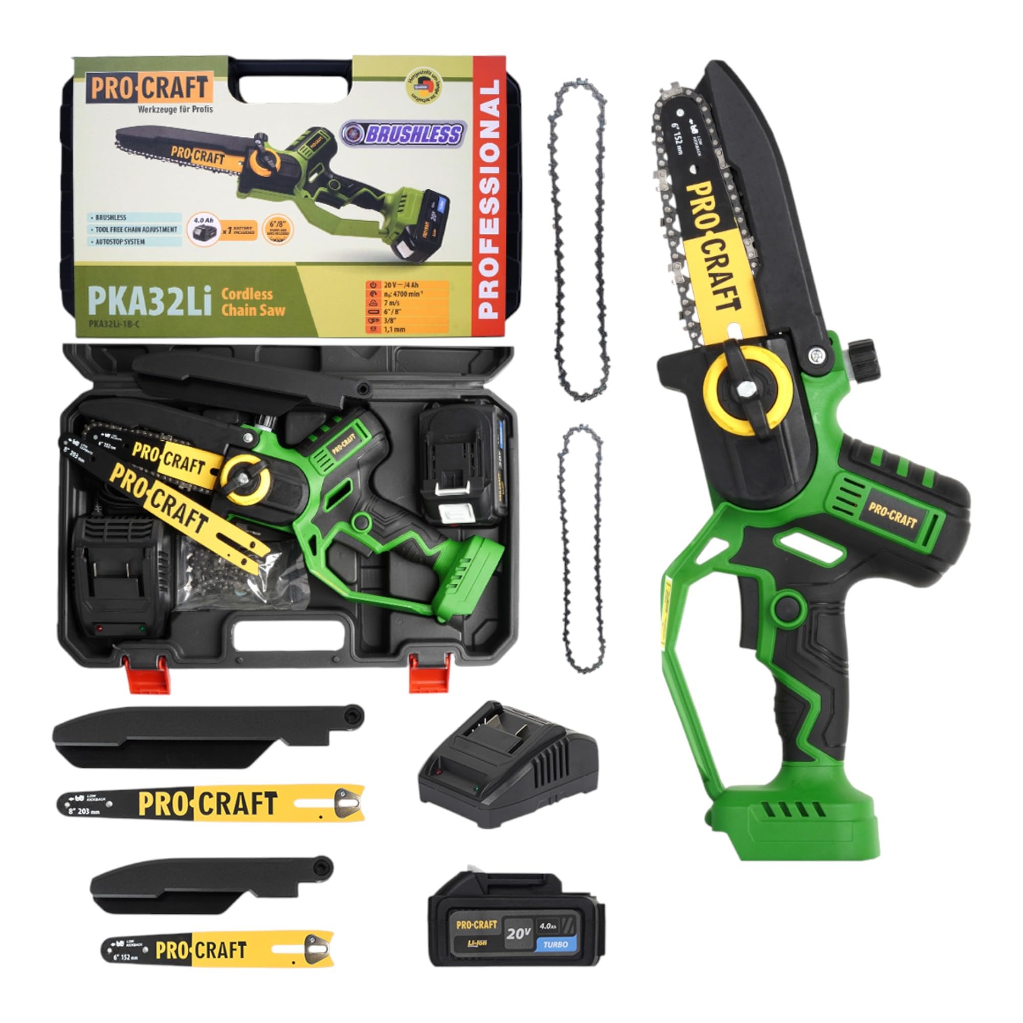 Procraft PKA32Li akumulatorowa piła łańcuchowa 20 V 203 mm bezszczotkowa + 1 x akumulator 4,0 Ah + ładowarka + walizka