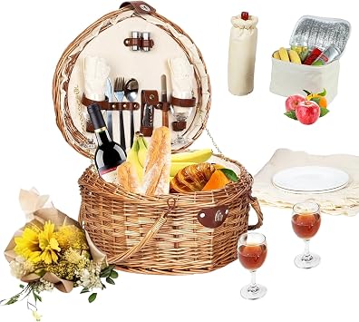 Heart Shaped Picnic Basket Set 2 Person,Wicker Romantic Willow Woven Basket W/Tableware for Camping Indoor Outdoor Party,Couple Gift for Valentines Day,Engagement,Wedding,Anniversary,Birthday