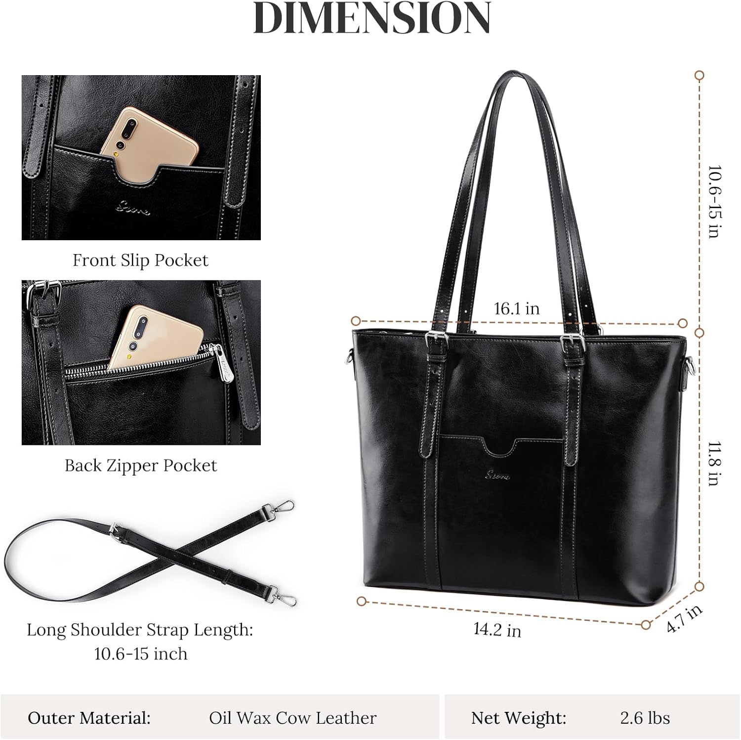 S-ZONE Women Genuine Leather Laptop Tote Bag Shoulder Handbags 15.6 Inch Purse - Image 5