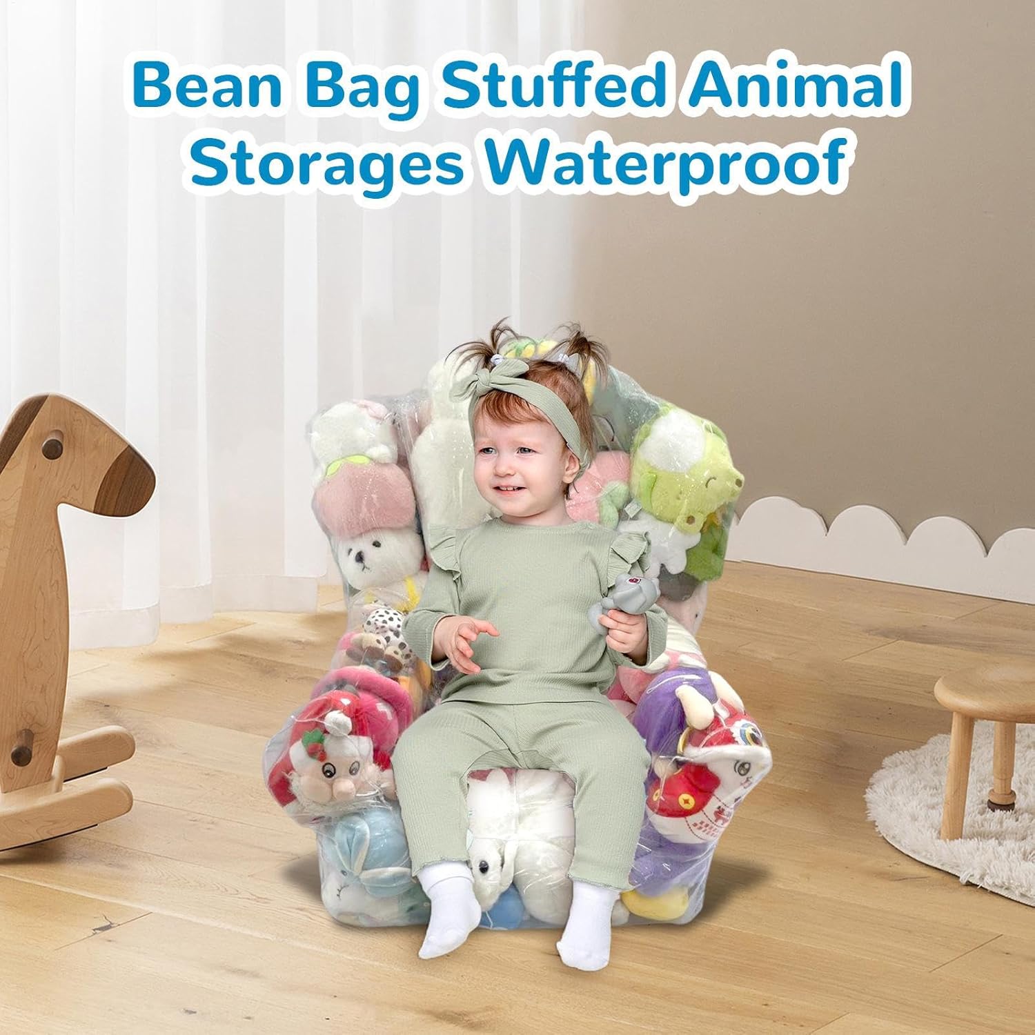 Stuffed Animal Storage Bean Bag Chair, Kids Stuffable Clear Bean Bag Chair with Zipper for Stuffed Animals Storage & Organizing, 35x30x45cm/95x90x100cm