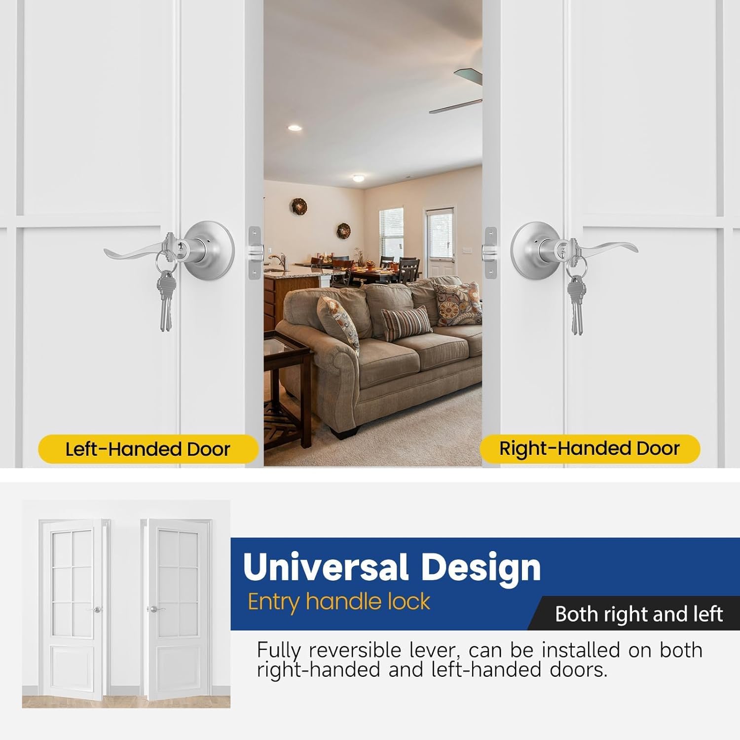Keyed Entry Door Lever, Door Handle with Lock and Key, Exterior ＆ Interior Door Handle for Bedroom, Wave Style Lever Satin Nickel, Reversible for Left/Right 2 Pack