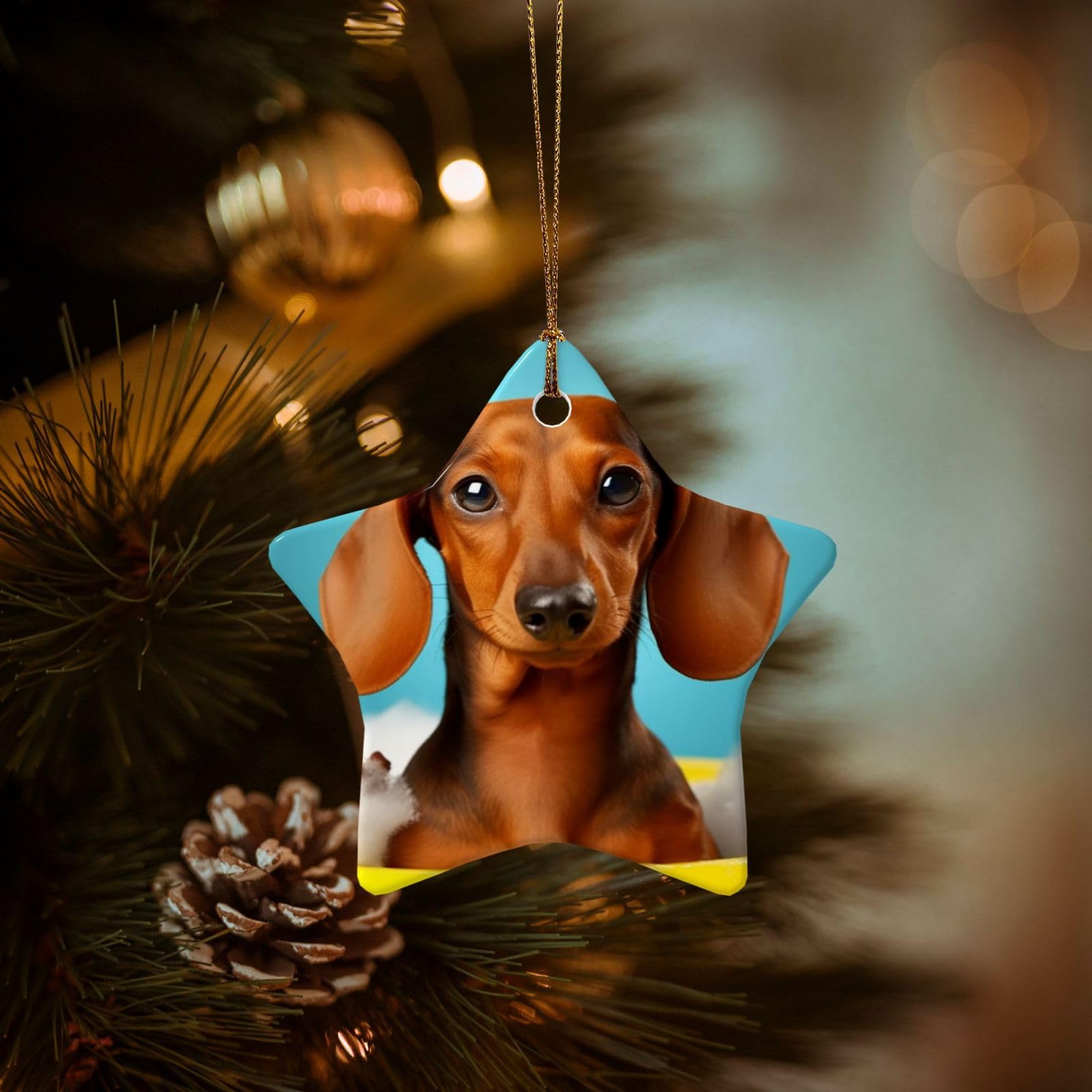 Christmas Ornaments for Christmas Tree Decoration Hanging Dachshund Dog Ornament with Gold Ribbon Crafts Star Shape Ceramic Pendant for Keepsake Gifts Xmas Decor Party Supplies