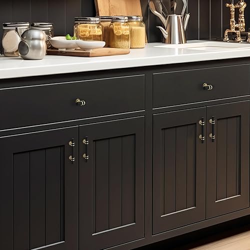 Miniatura 7 de Haliwu Paquete de 6 tiradores de gabinete negros y dorados, tiradores de gabinete moleteados de 3 pulgadas, manijas de gabinete negras de gabinete